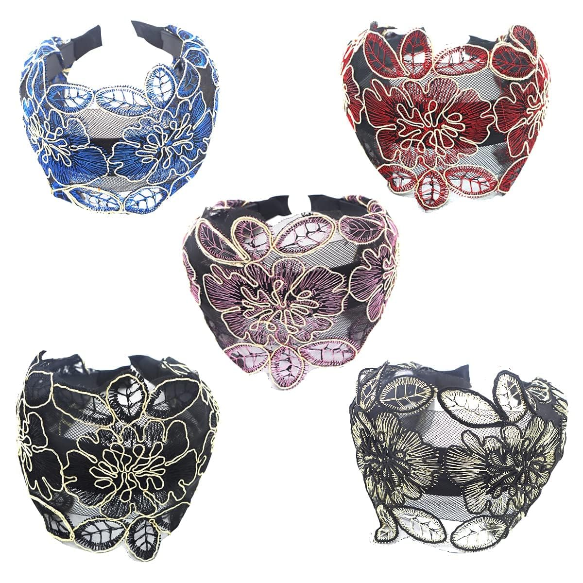 Khazna Wide Lace Headband, 5 Pcs Elegant Elastic Lace Headwear with Teeth, for Women, Lace Head Bands Fashion Hair Accessories (Red, Blue, Black, Pink, Gold)