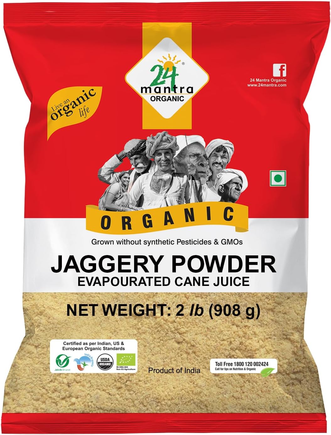 24 Mantra Organic Unbleached Jaggery Powder 2 Pound, Healthy Sugar Substitute, Unrefined & Unadulterated | Grown Without Pesticides & Fertilizers