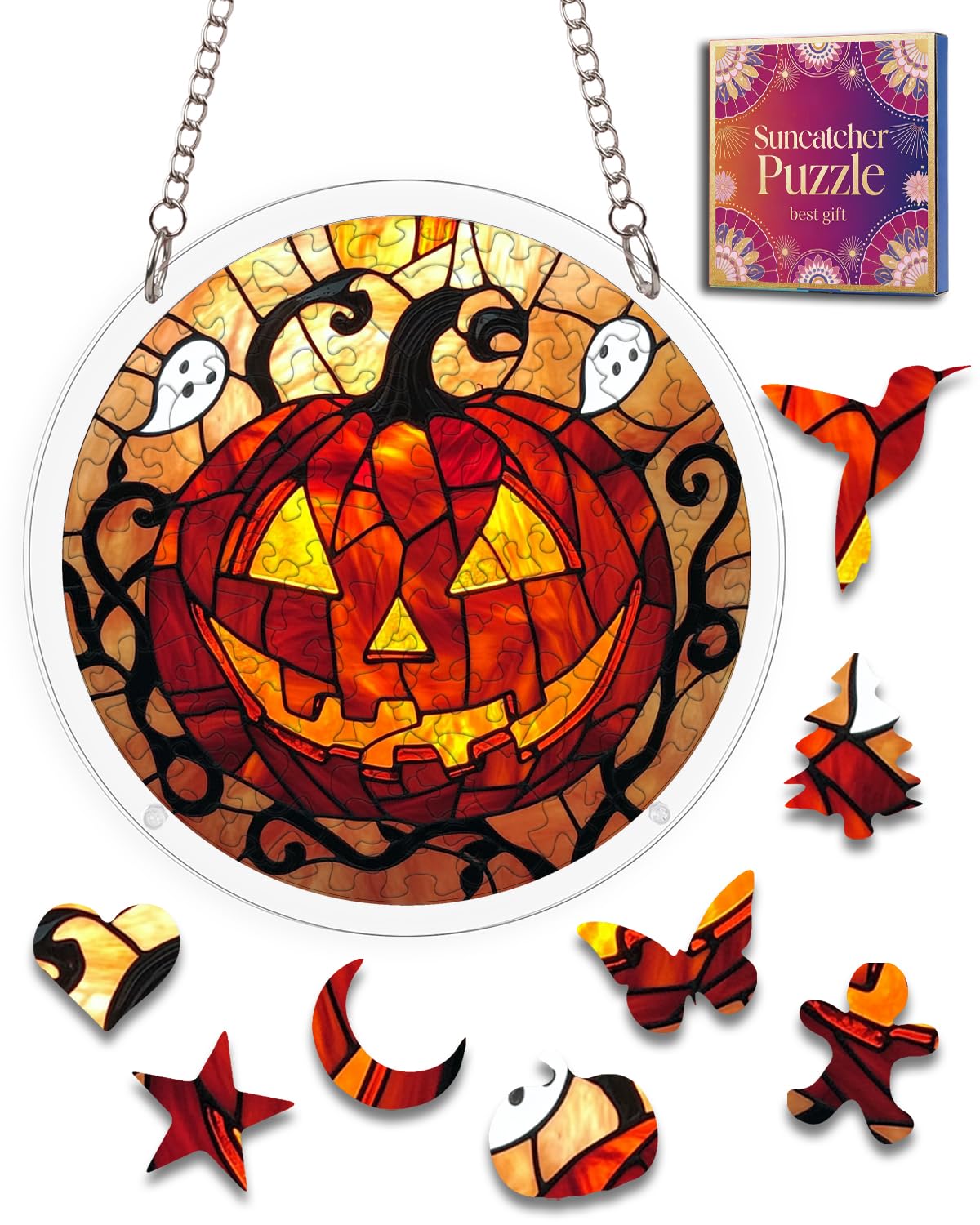 Acrylic Jigsaw Puzzle Suncatcher Ghost Flame Pumpkin Puzzles Gifts 12"
