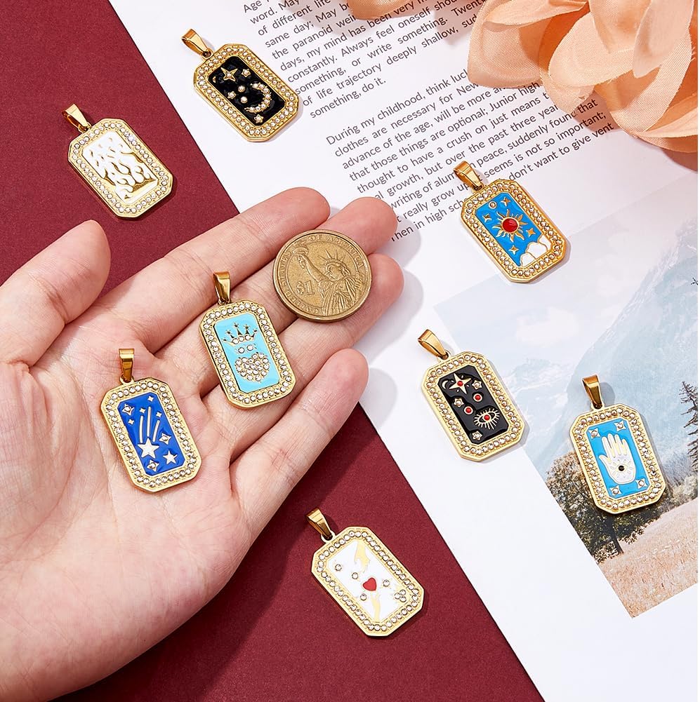 DICOSMETIC 8Pcs 8 Styles 304 Stainless Steel Tarot Charm Pendants Enamel Rhinestone Golden Tarot Charms Rectangle Tarots Card Charms for Jewelry Making 32x19.5mm - Image 3