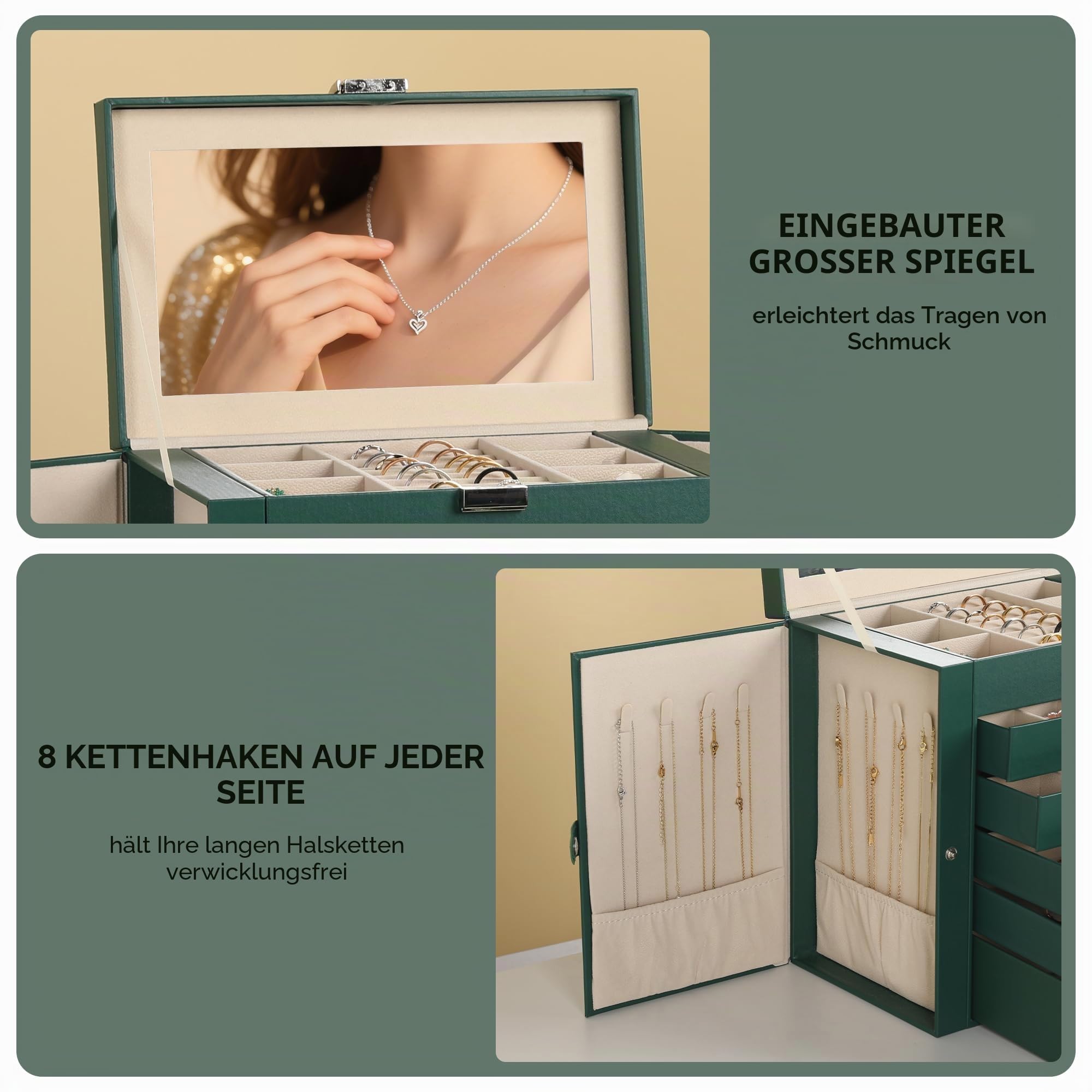 Frebeauty Große Schmuckschatulle, 6-stöckig, PU-Leder, Schmuck-Organizer, multifunktionale Aufbewahrungsbox mit Spiegel, Zubehörhalter mit 5 Schubladen für Halsketten, Armbänder, Uhren (Schwarzgrün)