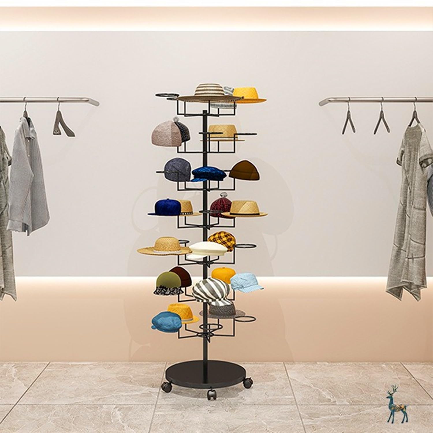 Soporte giratorio de metal con ruedas para gorras, pelucas y sombreros, organizador independiente con 7 niveles (negro)