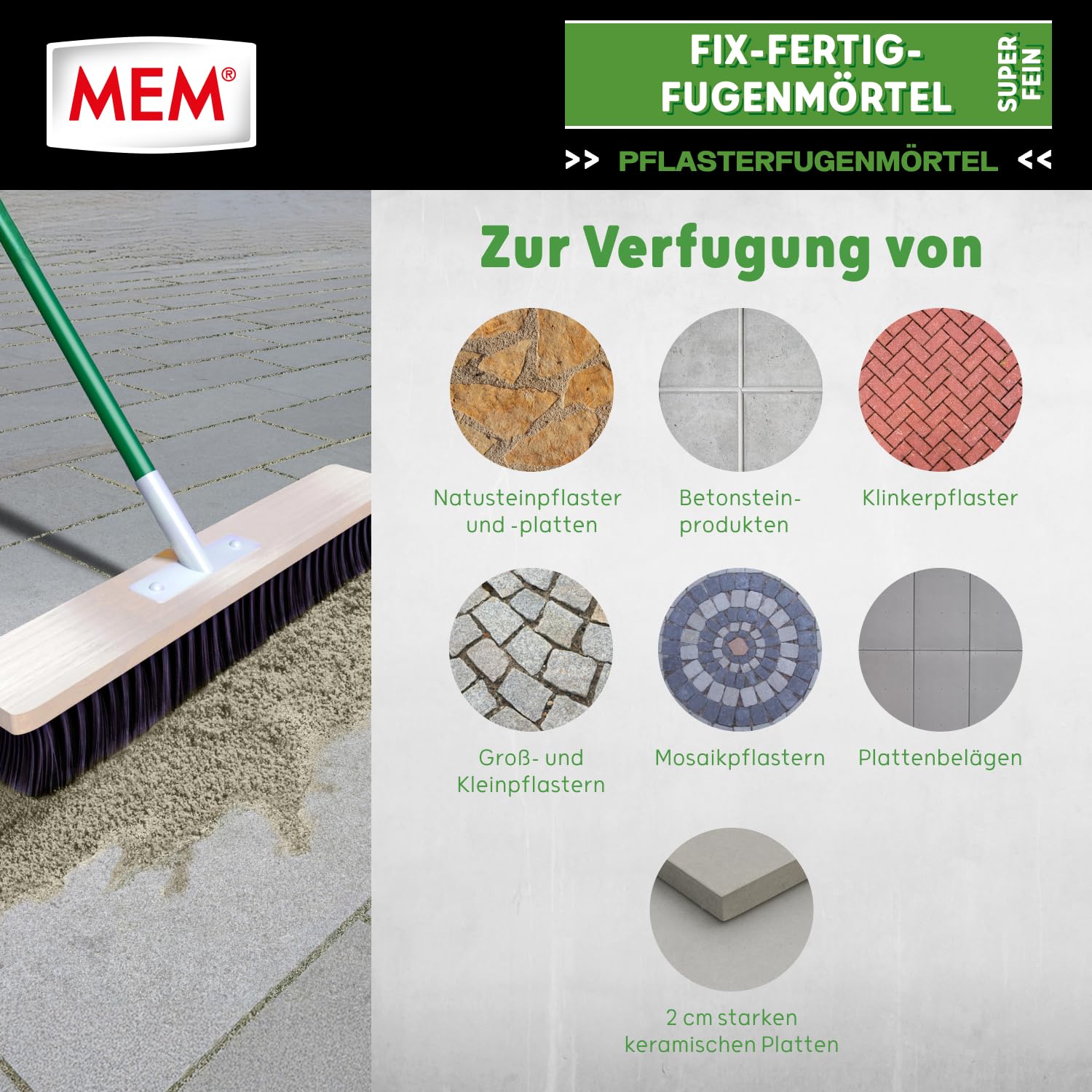 MEM Fix-Fertig-Fugenmörtel Fein Steingrau – 20 kg – Gebrauchsfertiger Pflasterfugenmörtel für Enge Fugen ab 3 mm – Frost- & Wetterbeständig – Für Naturstein, Beton, Klinker & Keramik