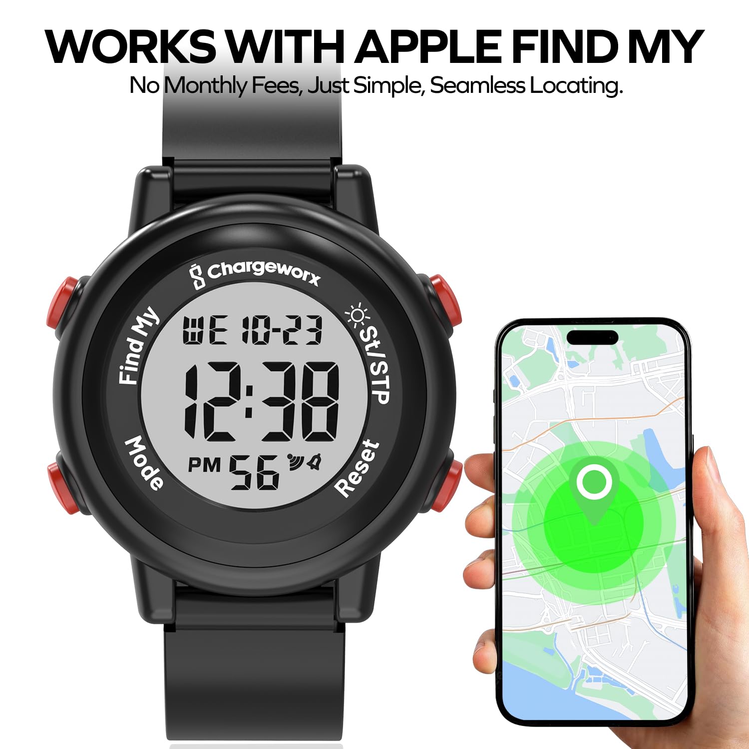 Chargeworx Orologio digitale per bambini con Apple Find My Tracker, alternativa allo smart watch per ragazzi e ragazze, orologio sportivo impermeabile con sveglia, cronometro e cinturino in morbido