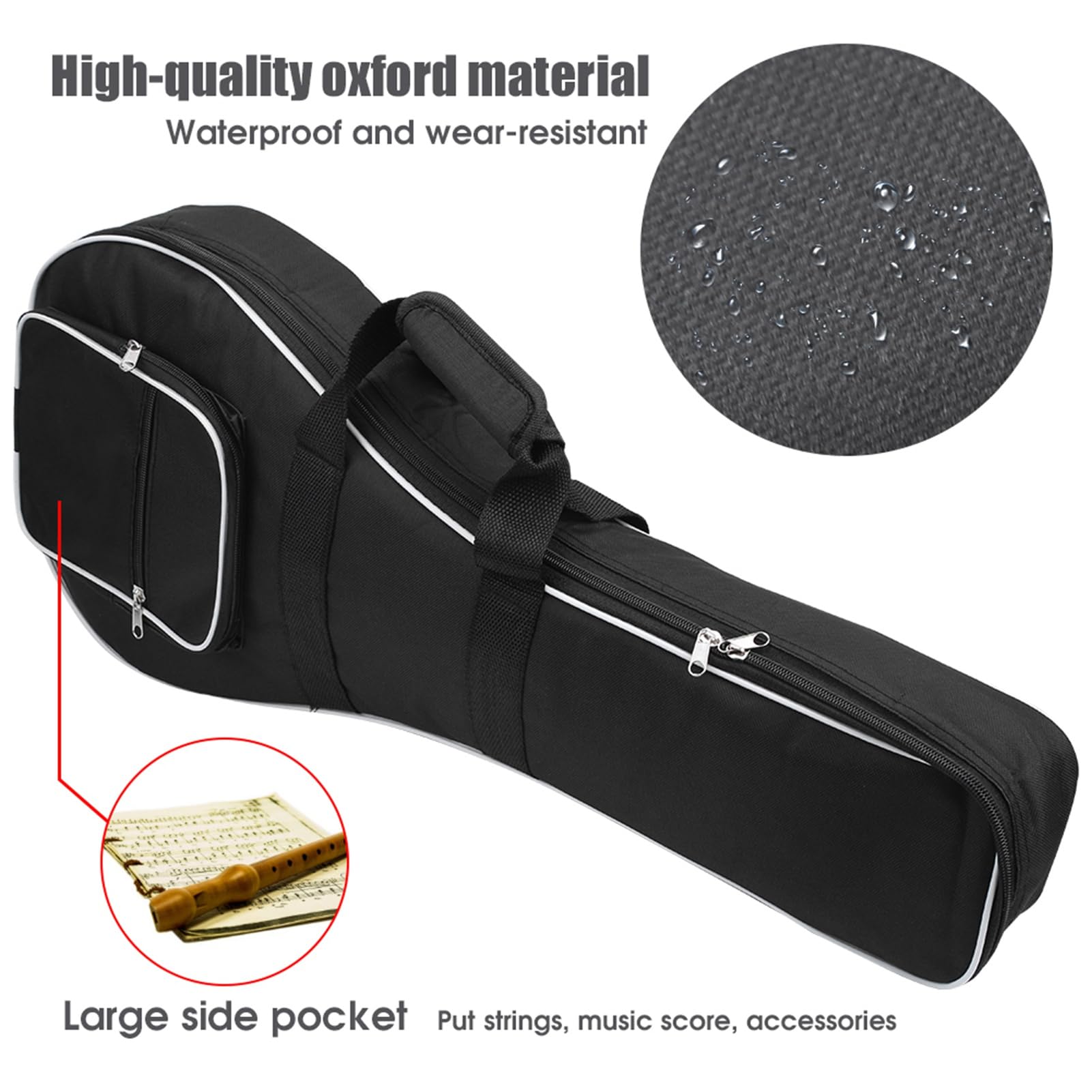 Keenso Mandolin Case Gig Bag Poche épaisse en Tissu Oxford Double Fermetures à glissière avec Poches latérales Grande latérale étanche étui Souple pour Sac Dos-Gaine De Mandoline