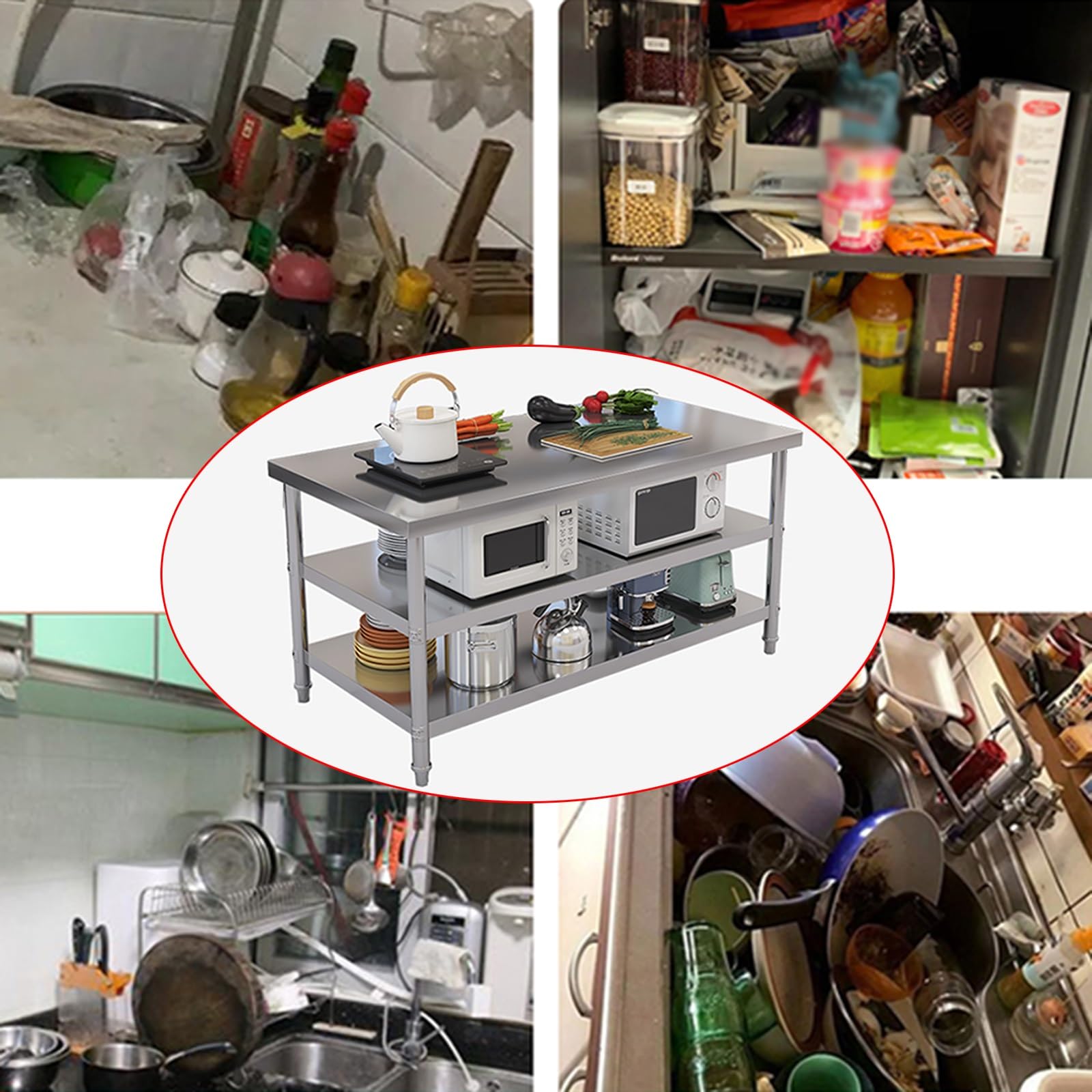Banco da Lavoro Multifunzionale a Tre Livelli, Tavolo da Preparazione per Cucina Commerciale, banco da Lavoro in Acciaio Inossidabile Robusto e Stabile, ripiano portaoggetti Aperto con Piedi