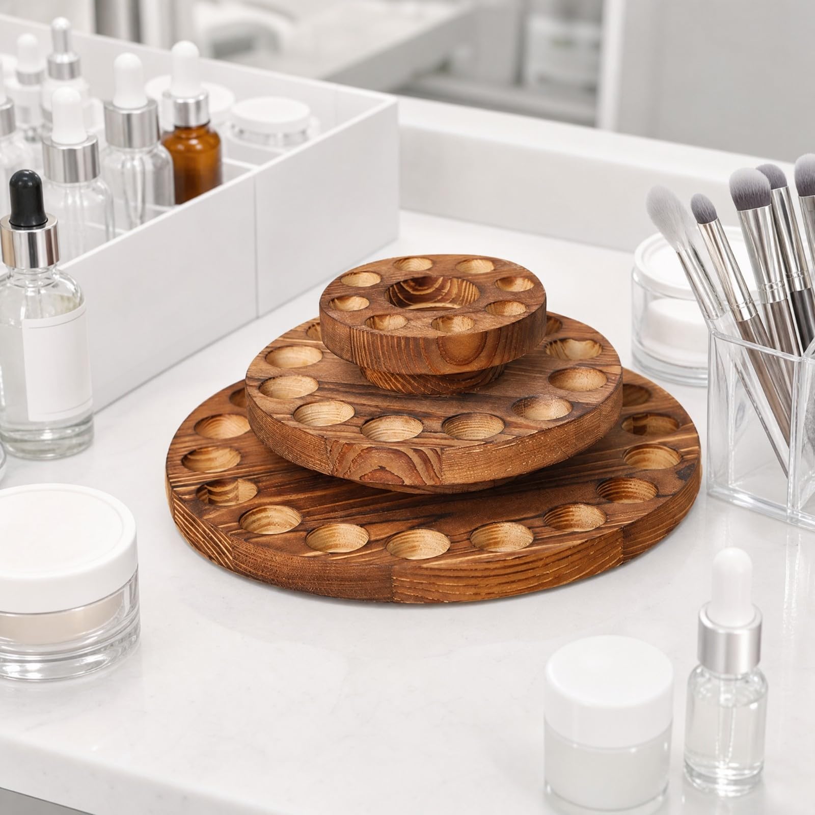 Organiteur à Trois Niveaux en Bois n Stable Range-Cosmétiques Rotatif Résistant pr Rayures Présentoir pr Coiffeuse, Style A