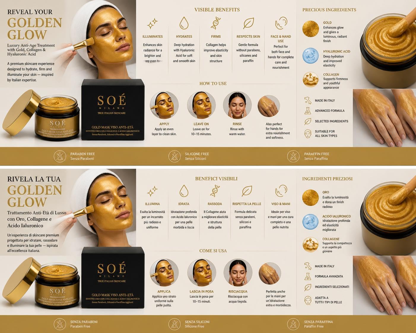 Gold Mask Viso Anti-Età – Maschera Viso con Collagene e Acido Ialuronico – Idratante, Illuminante e Rassodante. Formula pensata per una skincare più consapevole e delicata sulla pelle. Made in Italy