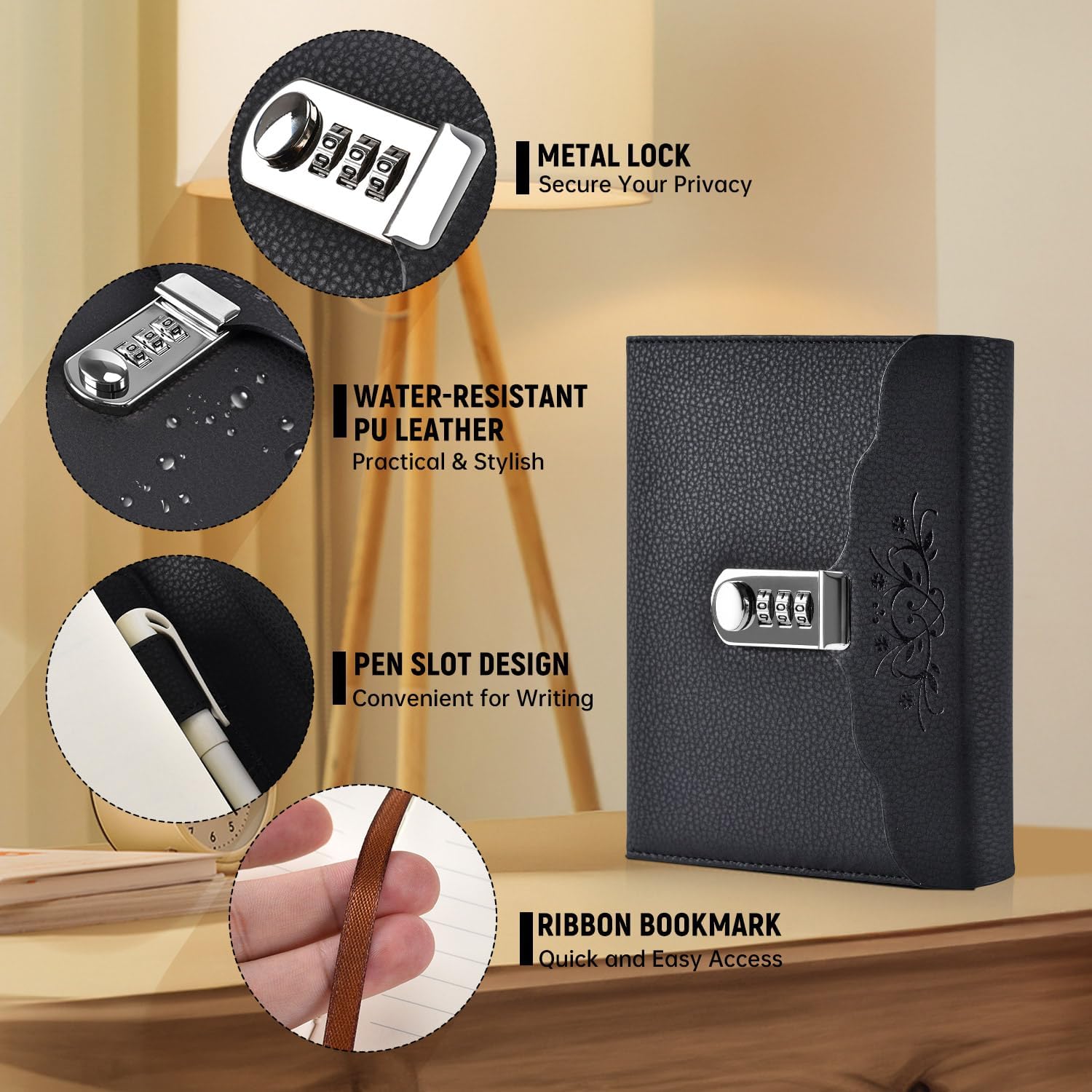 ARRLSDB Lock Diary Leather Journal Writing Notebook Planner Organizer Digital Password Notebook Locking Personal Diary (Black) - Image 2
