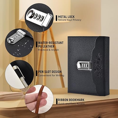 Miniatura 9 de ARRLSDB Diario de cuero con cerradura, cuaderno de escritura, planificador organizador digital con contraseña, cuaderno personal con bloqueo (azul)