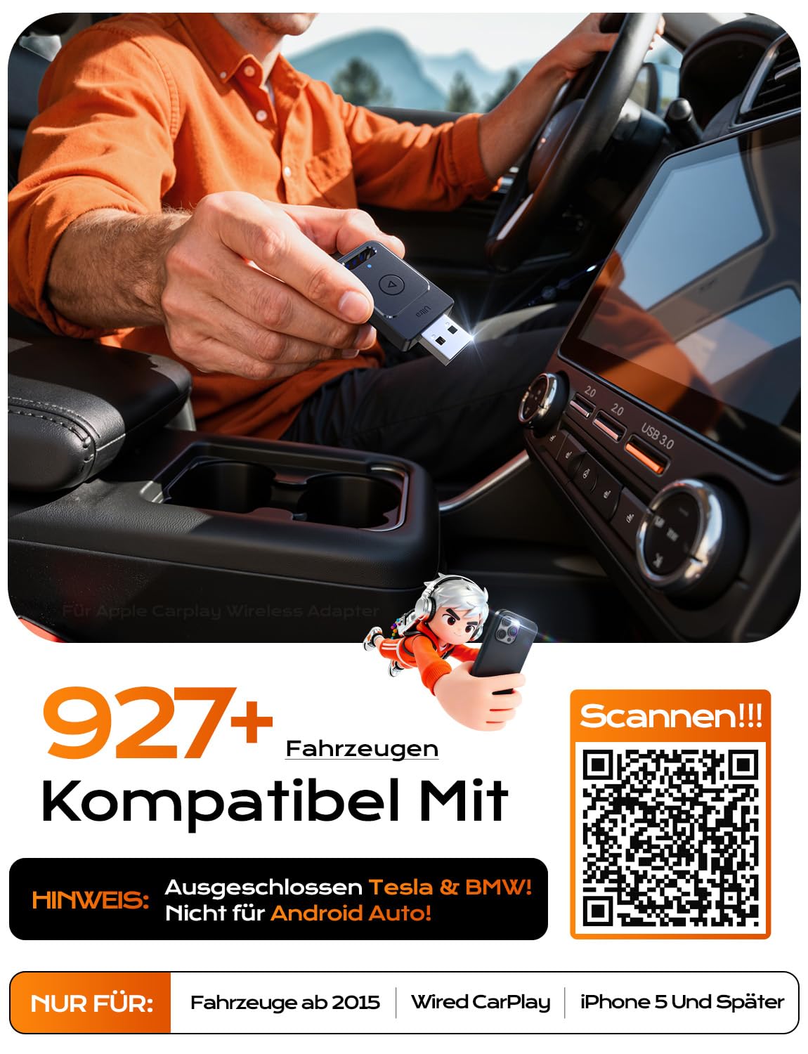 für Apple Carplay Wireless Adapter, 3X Autoverbindung, Keine Latenz, Plug&Play, Wireless Carplay Adapter, 2026 Mini Car Play Kabellos Dongle für GPS-Geräte mit Navigation, USB A/C (Schwarz)