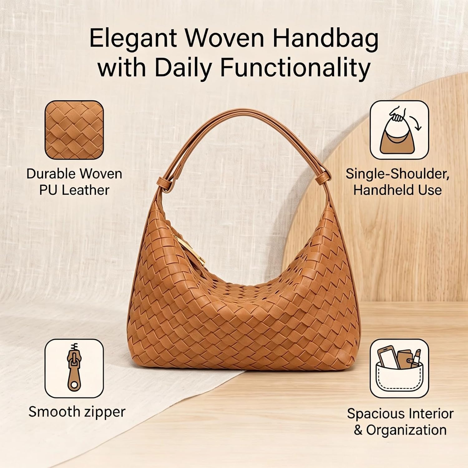 Woven Suede Shoulder Bag, Women’s PU Leather Top Handle Hobo Purse, Handbag for Daily Commute