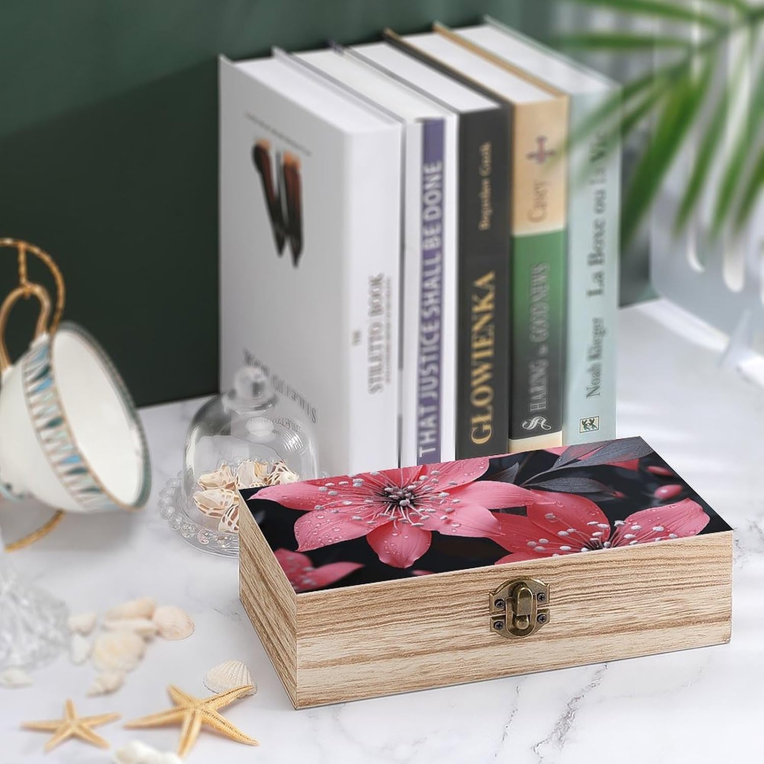 And Black Flower Wooden Storage Box with Hinged Lid image 4