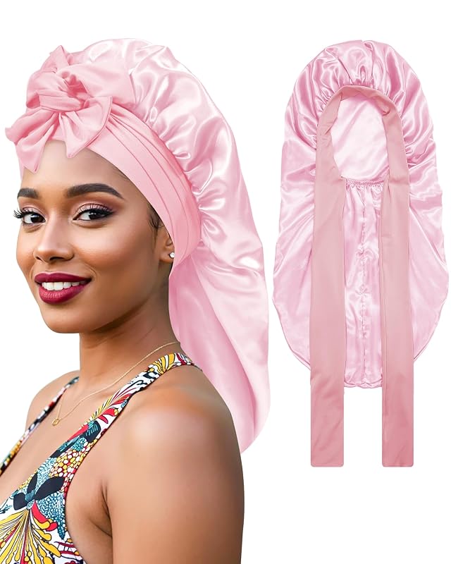 Touca de cetim longa dupla para cabelos compridos CHLINS, rosa