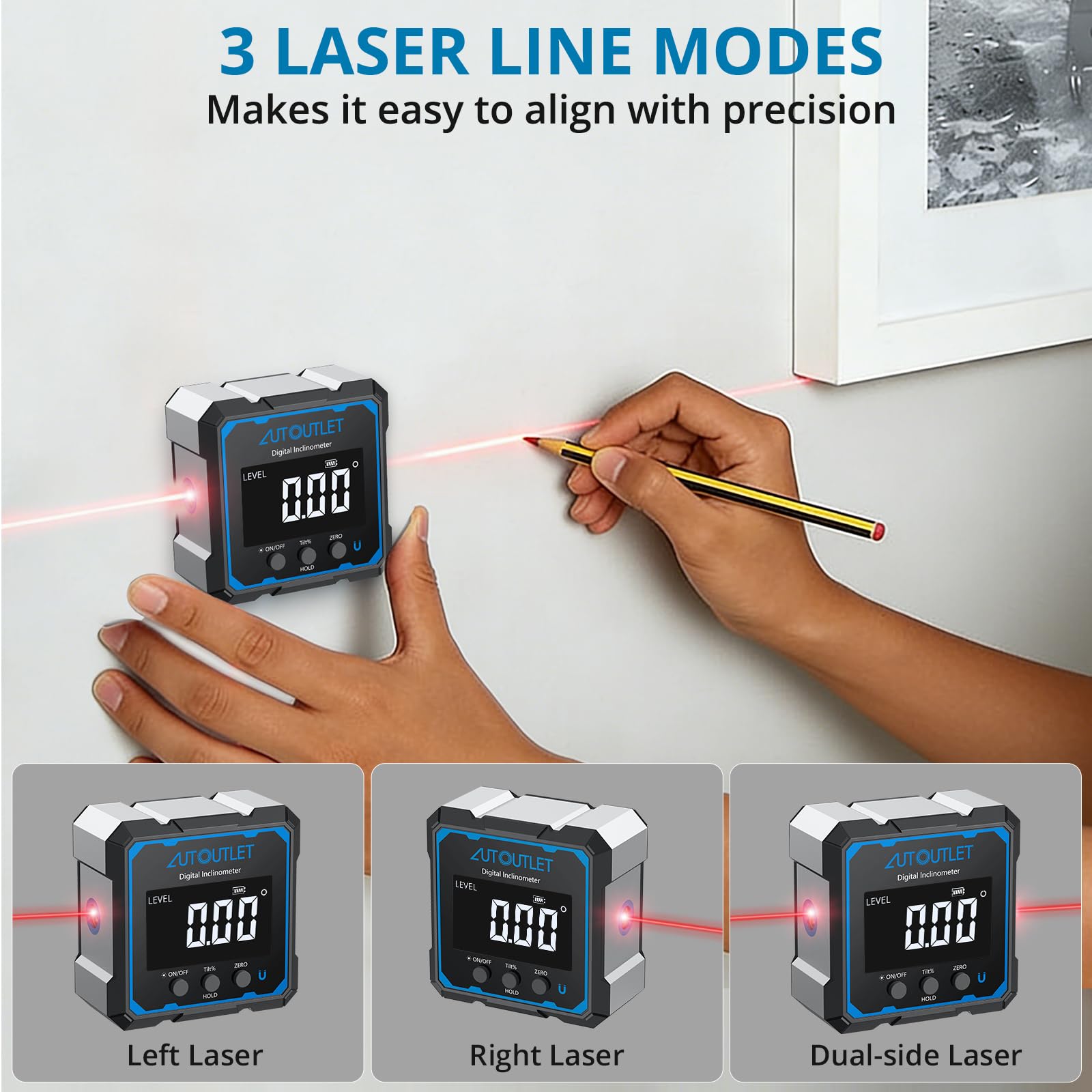 AUTOUTLET Inclinómetro Digital con laser 4x4 Buscador de Ángulos 4 * 90 ° Indicador de Bisel, Inclinómetro con Luz de Fondo Magnética, IP54 Impermeable Caja de Nivel Digital