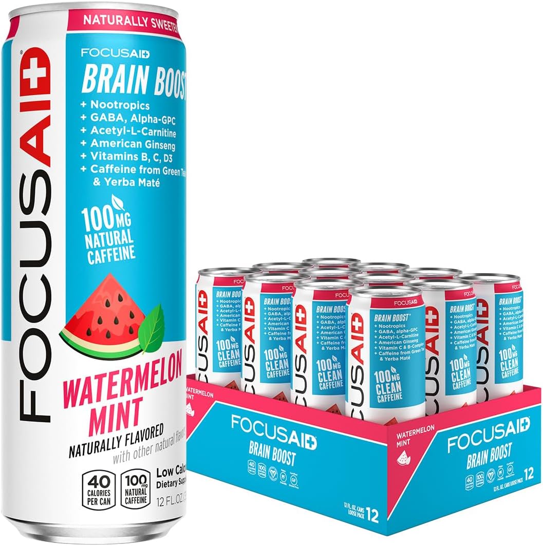 FOCUSAID Energy Drink, Brain Boost, Juicy Watermelon, Nootropics, Alpha-GPC, GABA, B-Complex, 100mg Caffeine, Yerba Mate, Green Tea, 100% Clean, No Artificial Sweeteners, 12 Oz(Pack of 12)