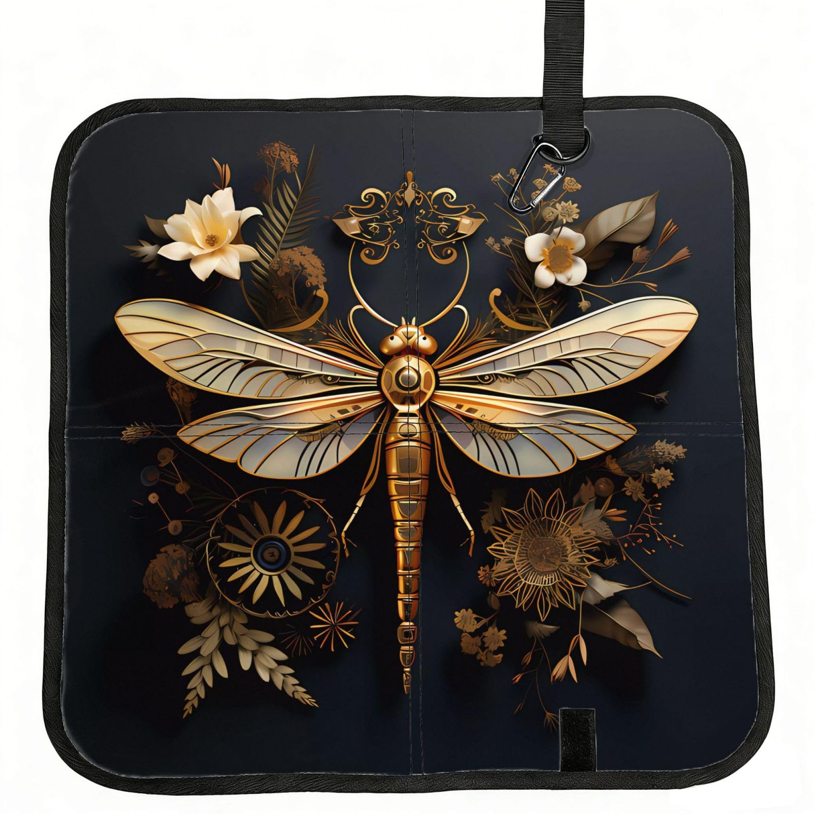 MROWYC Gold Exquisite Dragonfly Printed Foldable Seat Cushion - Portable with Carabiner, for Stadium, Camping, Hiking