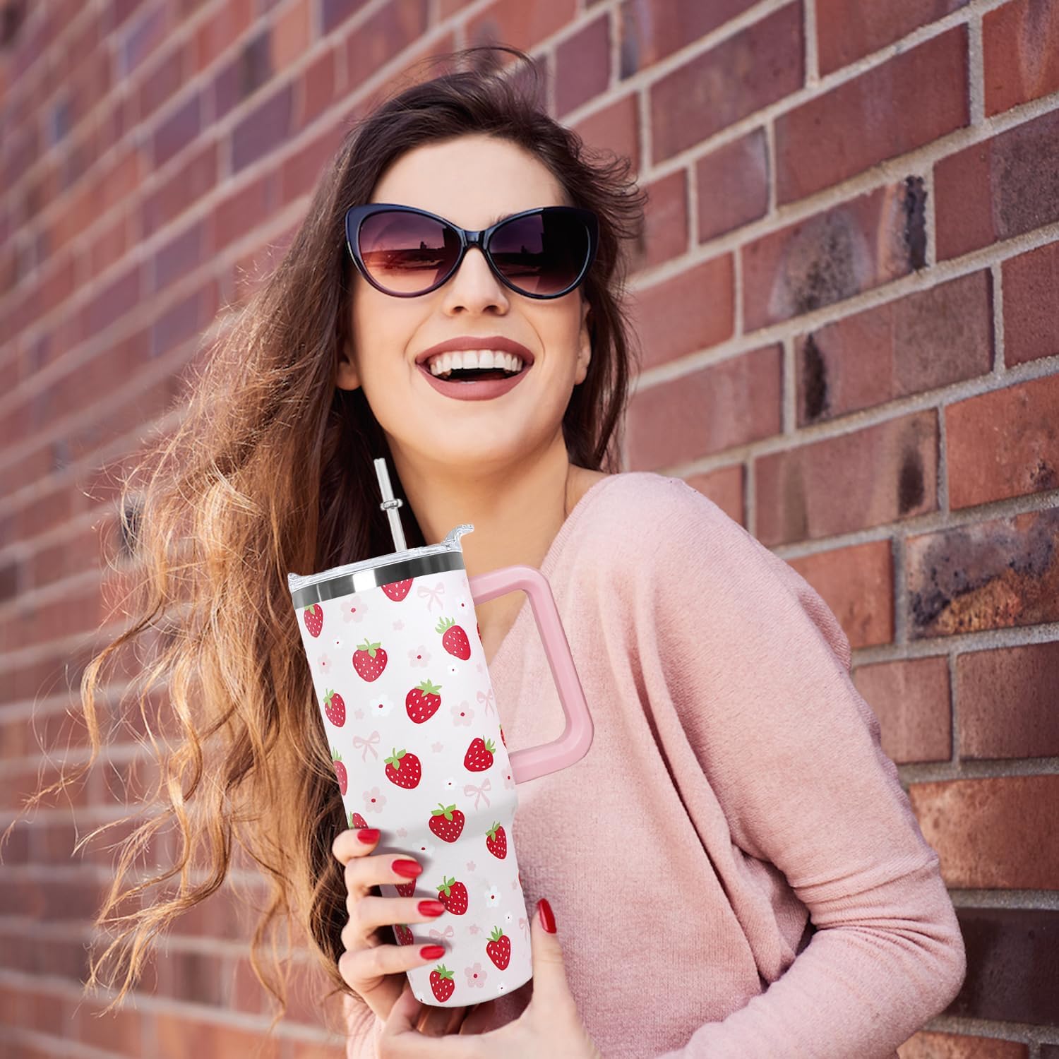 Ceovfoi 40oz Strawberry Tumbler With Handle Lid and Straw,Strawberry Floral Coffee Mug Cup Water Bottles,Strawberry Themed Gifts for Women,Strawberry Decor Stuff Accessories - Image 5