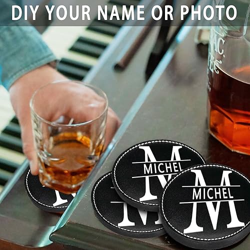 Miniatura 5 de Portavasos personalizados, juego de 6 posavasos de cuero para bebidas con soporte, nombre de bricolaje, fotologotipo, antideslizante, resistente al