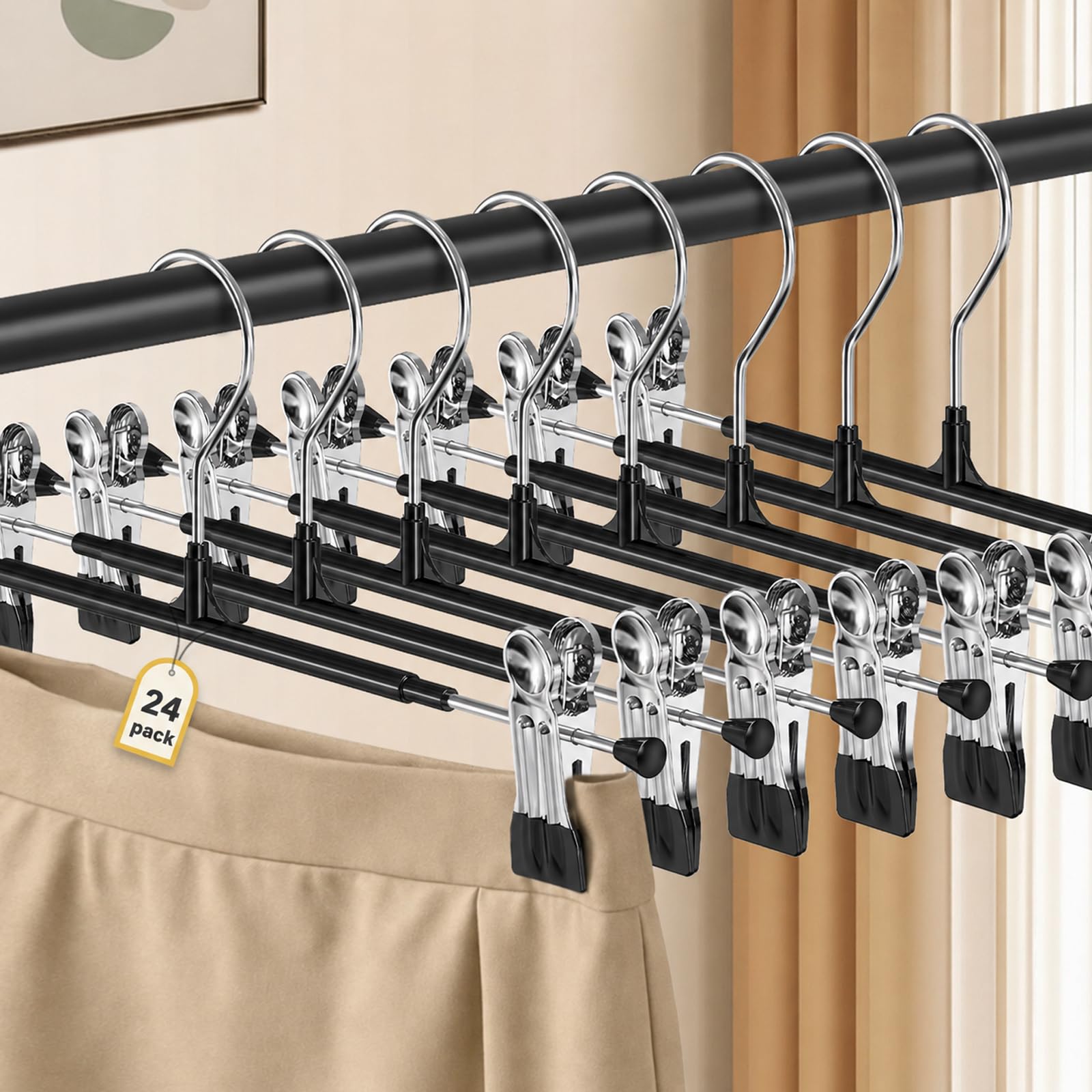OAMCEG 24 Pack Trouser Hangers - Adjustable Non-Slip Clips, Stainless Steel Metal Skirt & Trousers Hangers, Space Saving Clothes Wardrobe Organiser for Pants, Jeans, Kids, Baby (Black)
