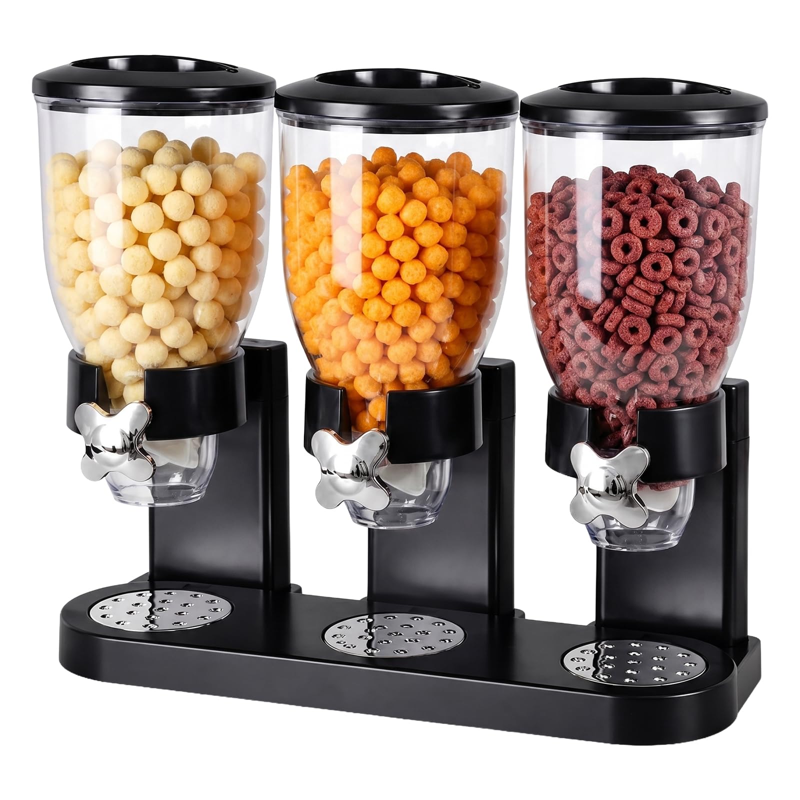 Cereal Dispenser Countertop 2L, Dreifacher Müslispender, Luftdichte Vorratsdosen mit Drehverschluss, Transparente Trockenkost-Spender Behälter für Müsli, Reis, Süßigkeiten, Kaffebohnen, Schwarz