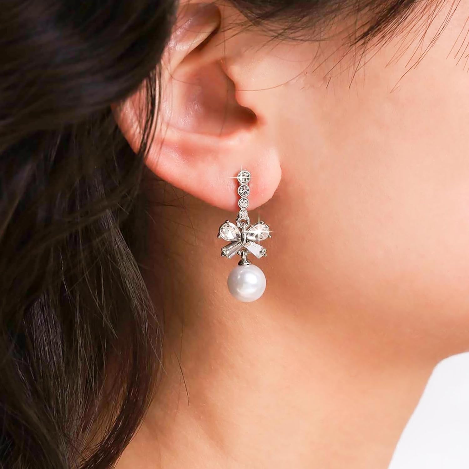 Andelaisi Boho Crystal Bow Tie Earrings Vintage Bow Pearl Earrings Silver CZ Bow Stud Earrings Butterfly Knot Pearl Dangle Earrings Jewelry for Women - Image 2