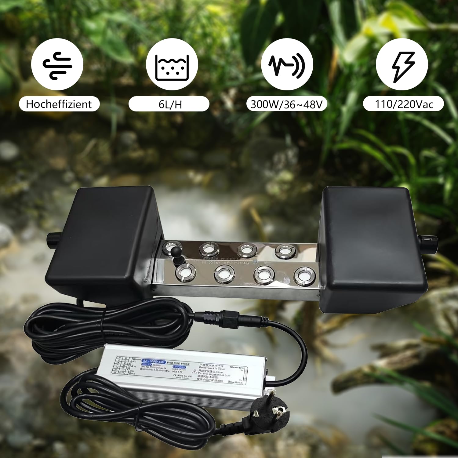 Nebelmacher Ultraschall 6L/H 8 Kopf Nebelbefeuchter 300W IP67 Wasserdicht Netzteil 5m Netzkabel EU Stecker
