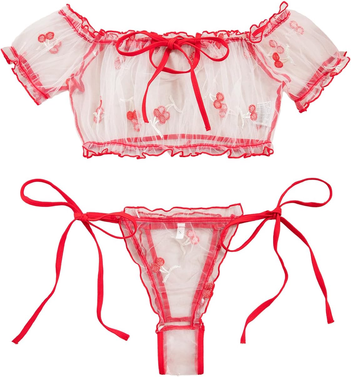 Lilosy Sexy Stretch Ruffle Tie Sheer Mesh Lingerie Set Outfits