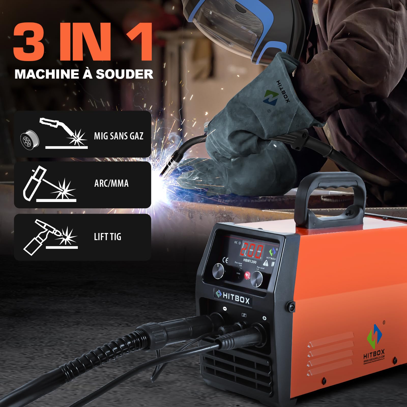 HITBOX Poste à Souder MIG Sans Gaz 200A, Soudeuse 3-en-1 Flux Core MIG/ARC/Lift TIG, Machine de Soudage Inverter IGBT 230V Portable avec Torche & Fil 0,8 mm, Idéal Débutants (HBM1200)