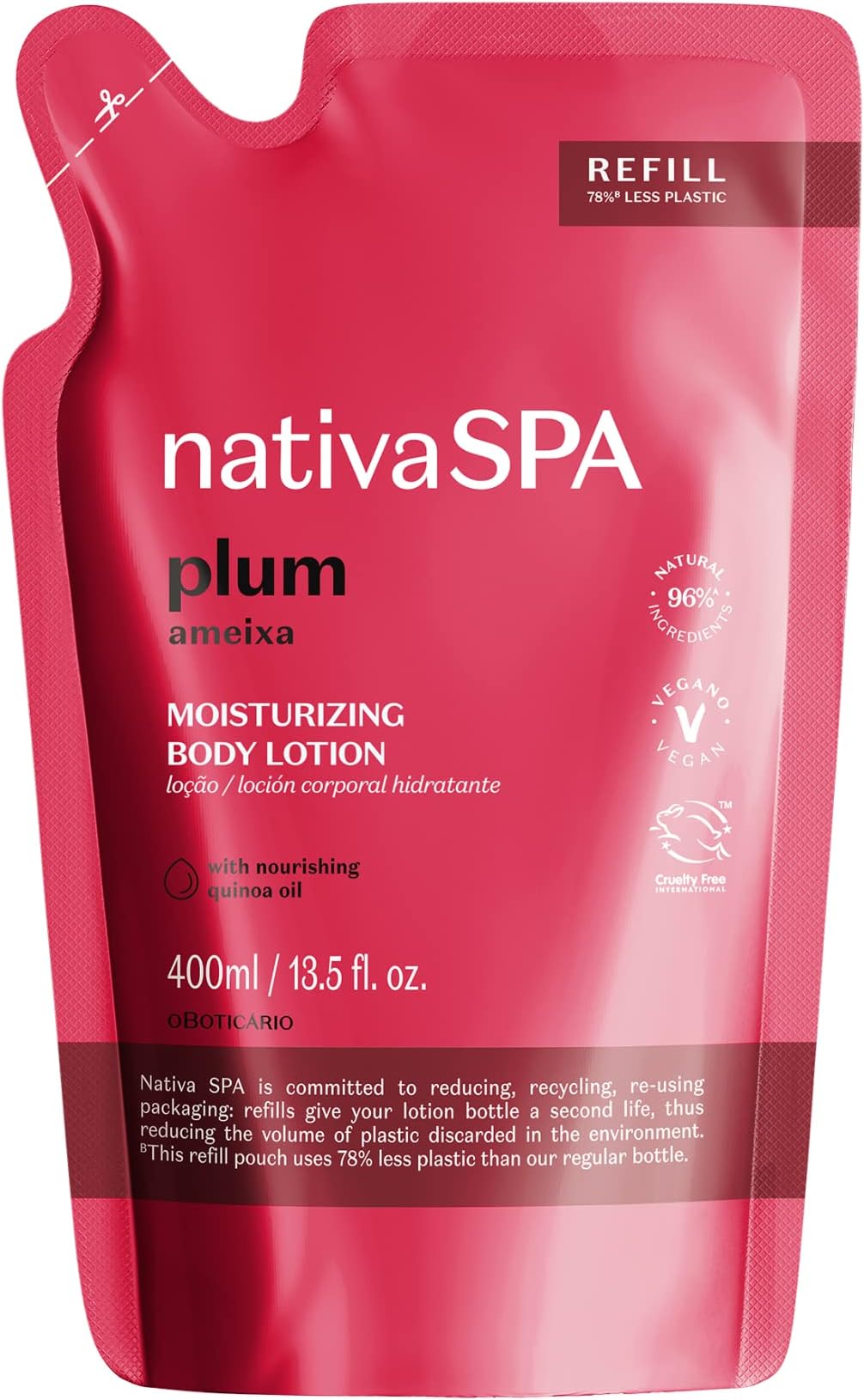 Nativa SPA by O Boticário, Plum Moisturizing Body Lotion Refill Pack, Fragranced Moisturizer Enriched with Purified Quinoa Drops to Boost Hydration, 13.5 Ounce
