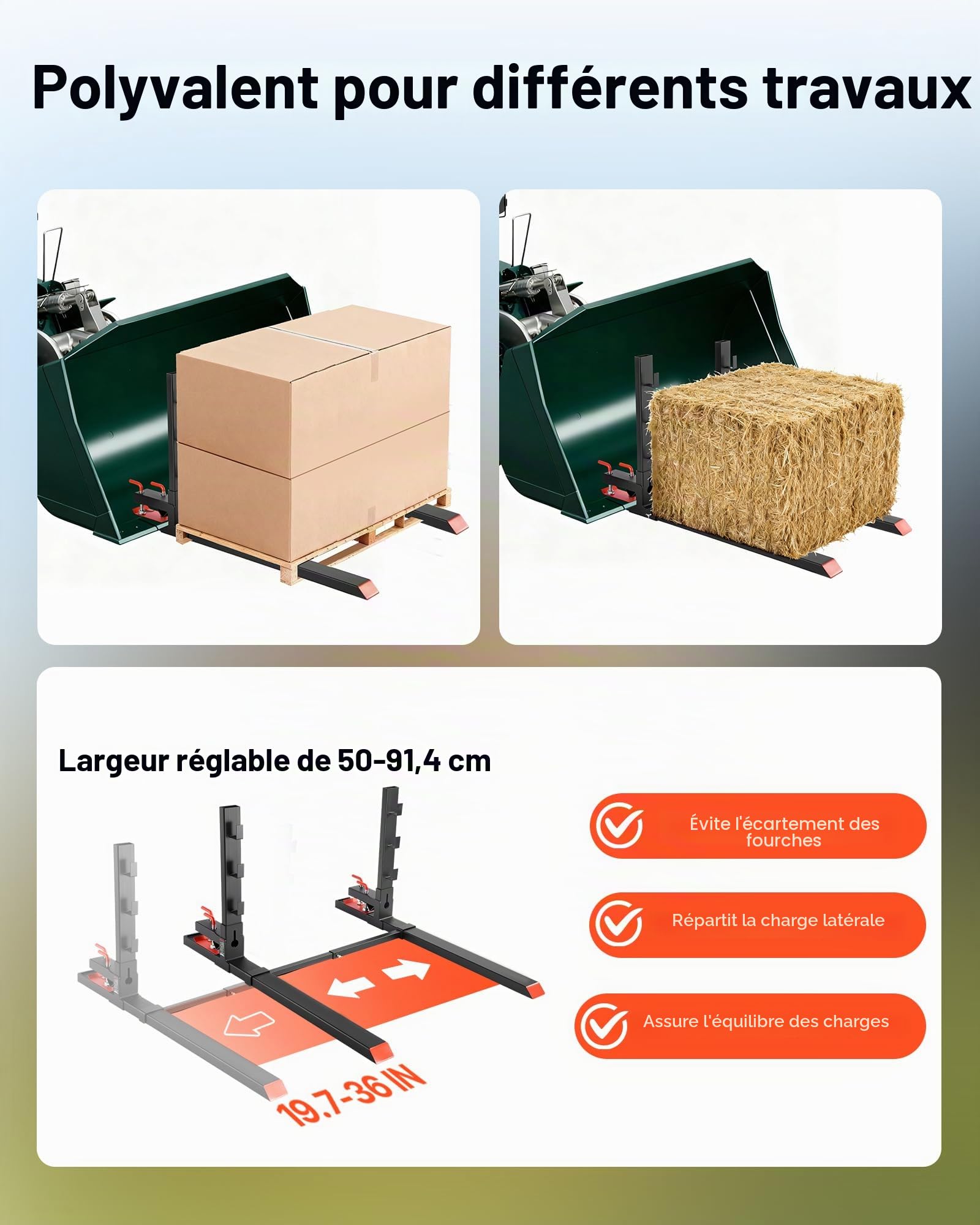 VEVOR Fourches à Palettes à Pince Charge 1814 kg Fourches à Godet Longueur 149 cm avec Anti-basculement, Barre Stabilisatrice Réglable, Compatible avec Godet de Chargeuses Compactes Tracteurs, Noir