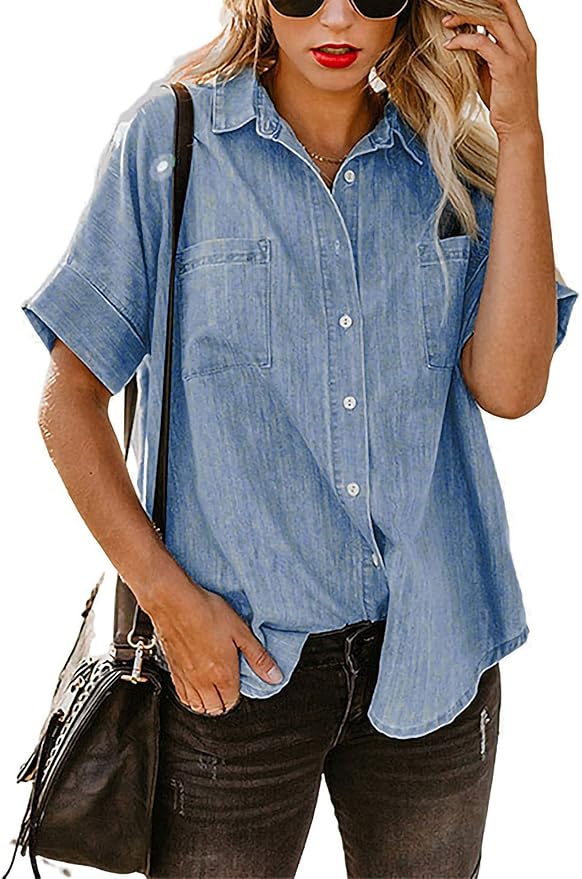 Women Summer Lapel Denim Shirt Blouse Short Sleeve Buttons Top Pockets
