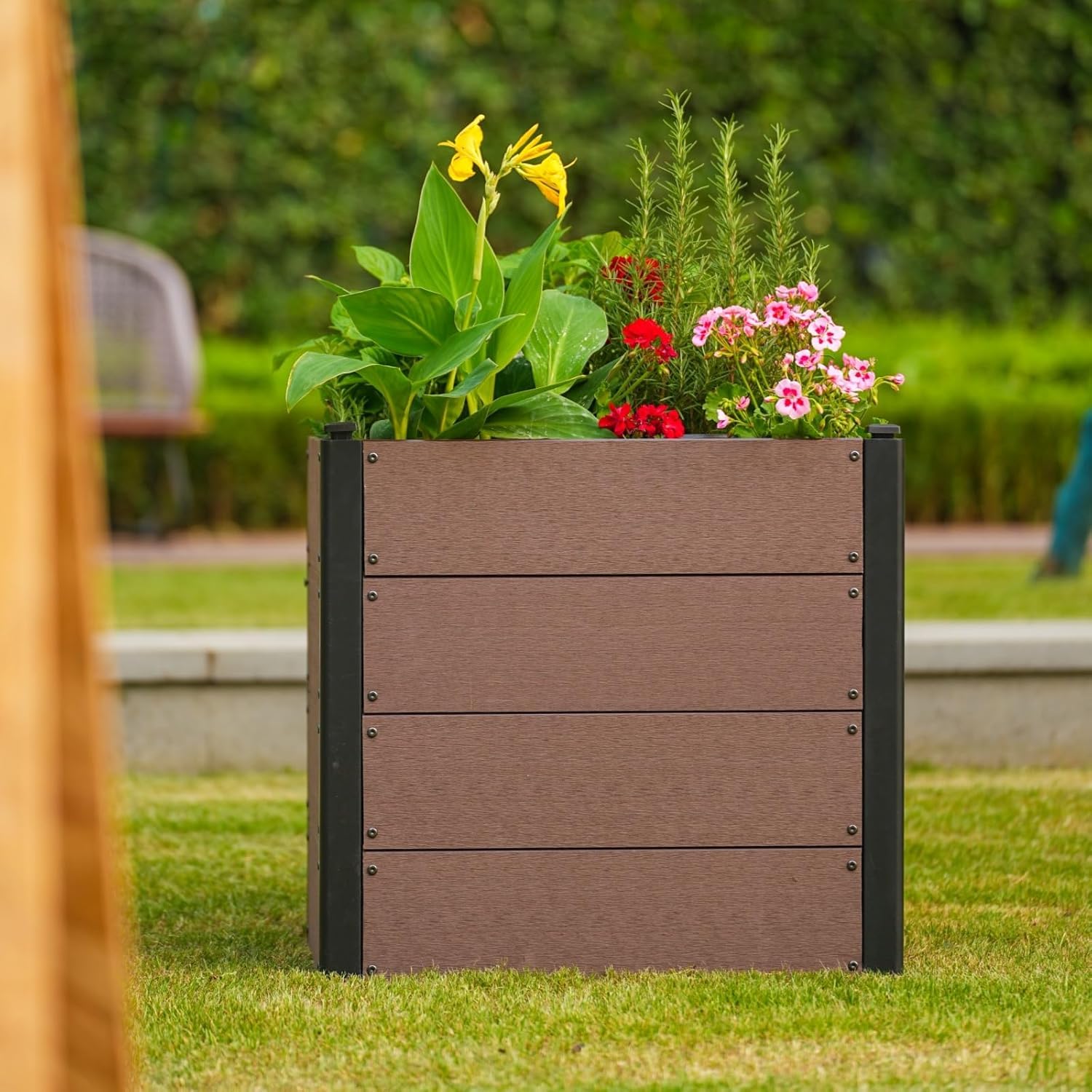 Mobile Wood-Look Composite Raised Garden Bed with Wheels – Extra Deep Elevated Planter Box, Open Bottom for Vegetables, Herbs, Flowers, Weatherproof for Patio & Backyard, Size: 64x64x60cm, No Bottom