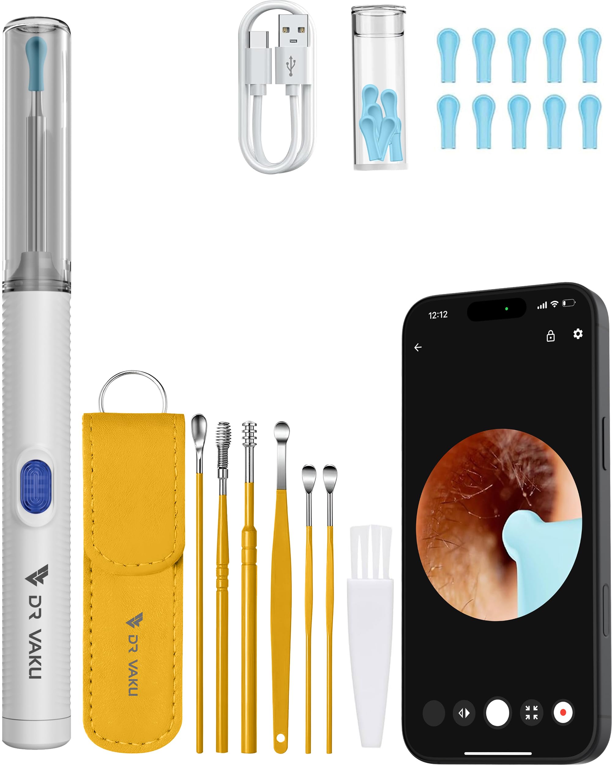 Dr Vaku® Clenzio Earocam Ear Cleaner Earwax Removal Tool with Extra Cleaning Kit (Set of 7) HD Camera Wifi Connection & 6 LED Lights Endoscope Tool + 11 Silicone Tips Free & Storage Case-White/Yellow-image-24