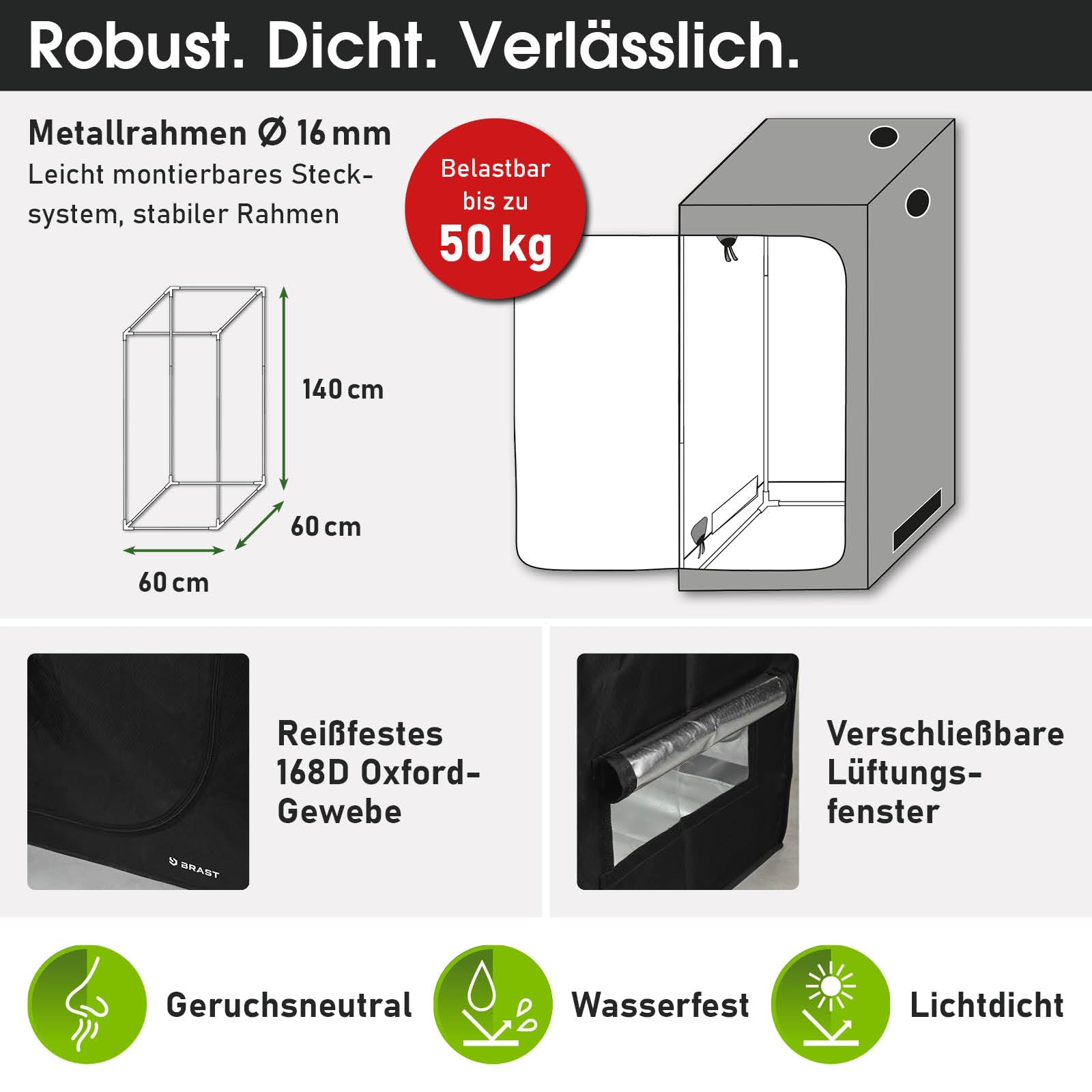 BRAST Growzelt GrowBox | Komplettset inkl. Sonderzubehör | viele Größen | 60x60x140-120x60x180cm | Vollspektrum LED Technologie | Belüftungs- & Bewässerungssystem | licht & wasserdicht | 60x60x140cm