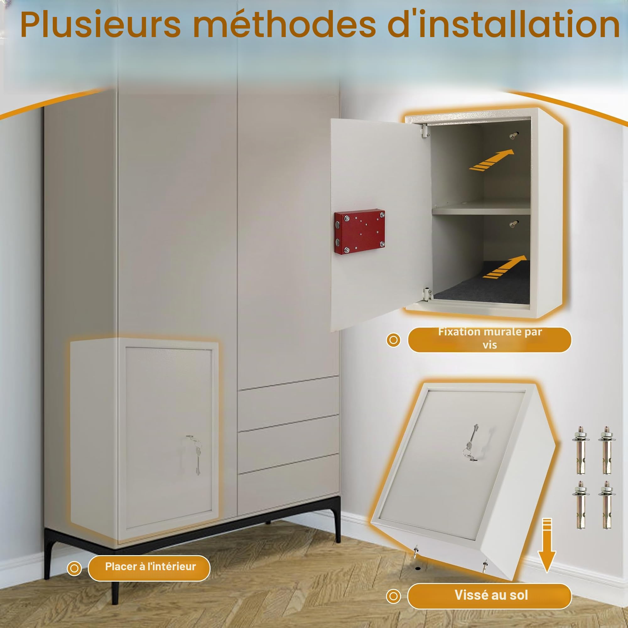 HENGMEI Coffre-fort pour meubles avec serrure à double barbe, suspendue, 2 clés, pour caravane, placards, bureau, XL, 35 x 31 x 50 cm (argent)