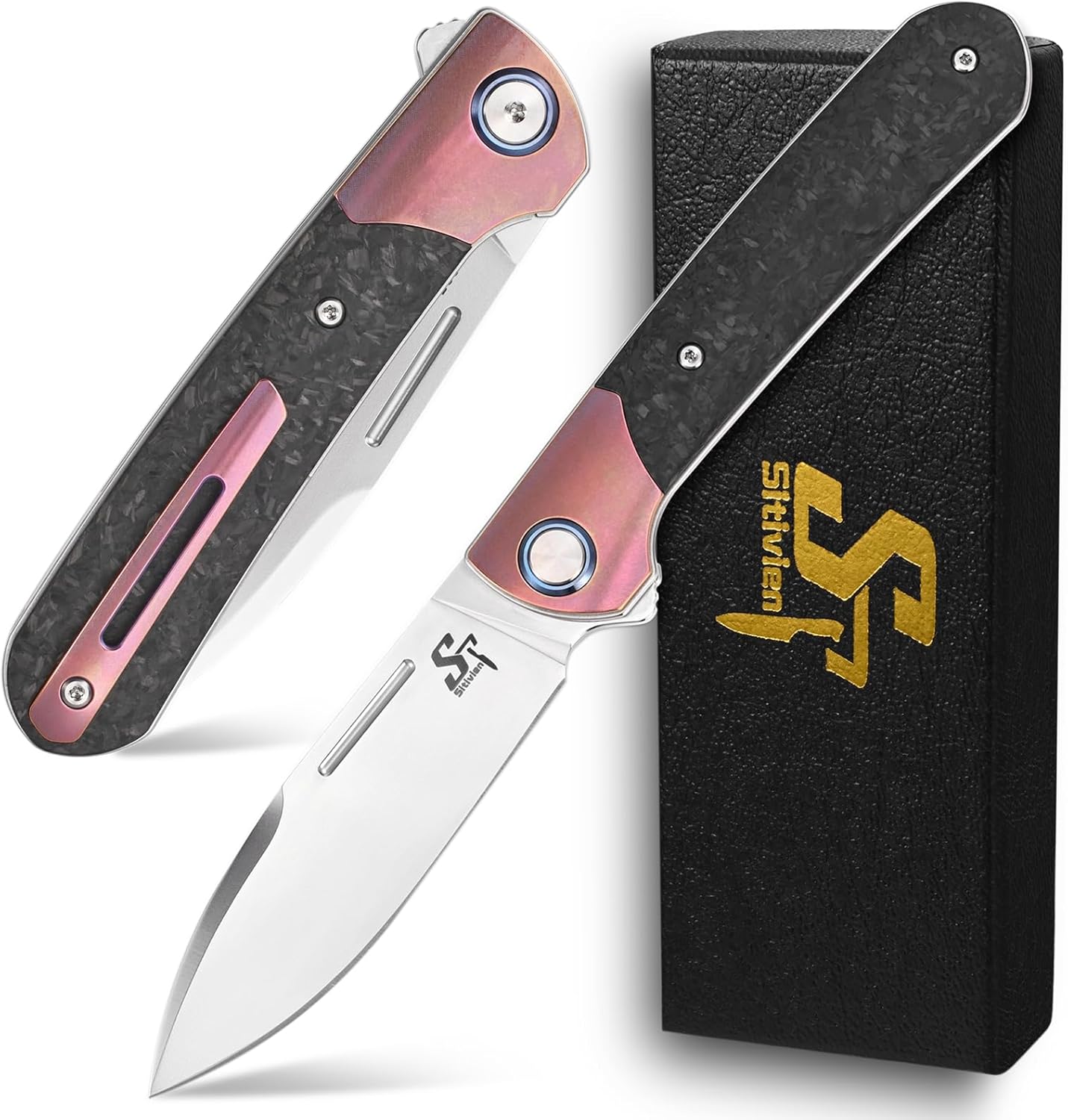 Sitivien ST995 Folding Pocket Knife,Handmade M390 Pearlescent Polishing Blade,Titanium & Carbon Fiber Handle EDC Tool Knife for Outdoor Camping,Hiking,Hunting,Survival(Pink) … …