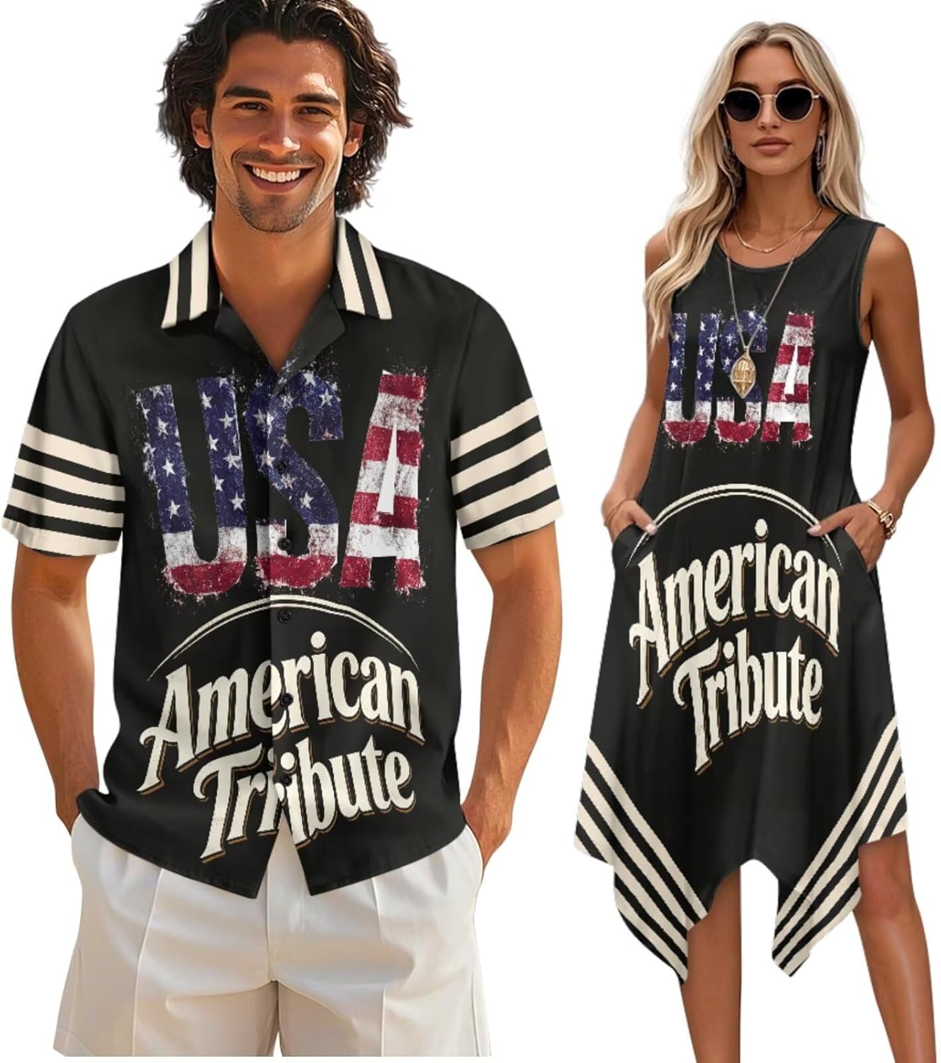 TOADDITDO Matching Hawaiian Couple Outfit Mens Button Down Aloha Shirts Womens Sundress Sleeveless A Line Flowy Tank Dress
