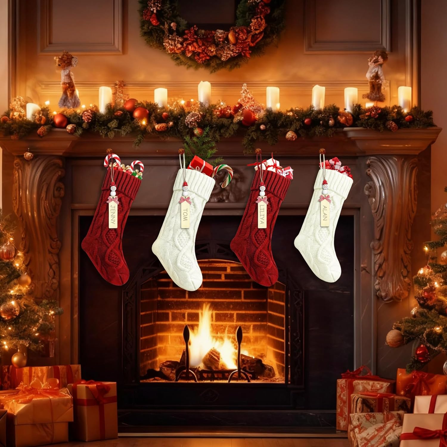 PowerKing Personalized Christmas Stockings 18 Inch, 4 Pack Large Knitted Holiday Stockings with DIY Snowman Name Tags for Fireplace Mantel, Xmas Tree, Family Holiday Decorations - Image 2