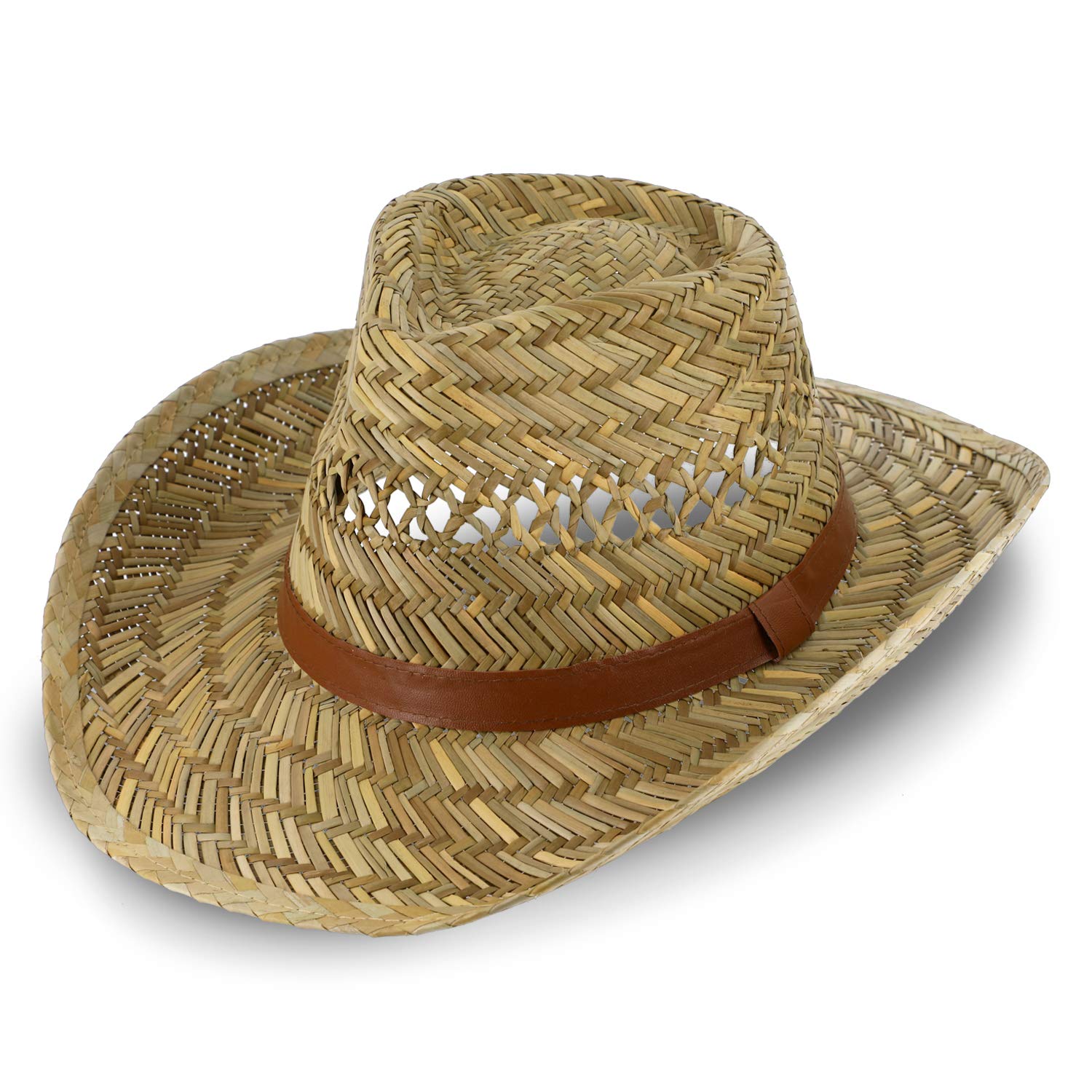 fiebig Sombrero de Paja Australiano para Hombre y Mujer | Sombrero de Vaquero para el Sol | Sombrero Occidental con Cinta de Imitation a Cuero | Sombrero de Cowboy con Borde Cosido
