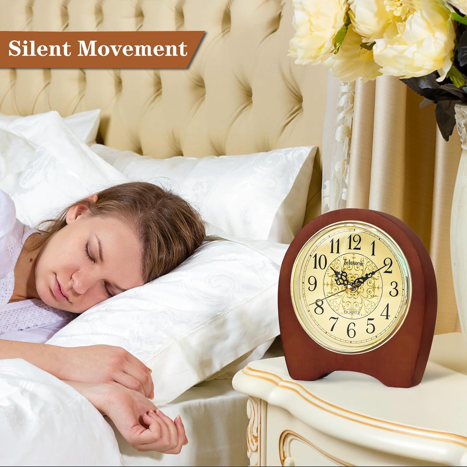 JUSTUP Desk Clock, Wooden Silent Table Clock, Battery Operated Vintage Clock Home Ornament Decoration with Unique Print for Living Room Bedroom Study Office (Brown)