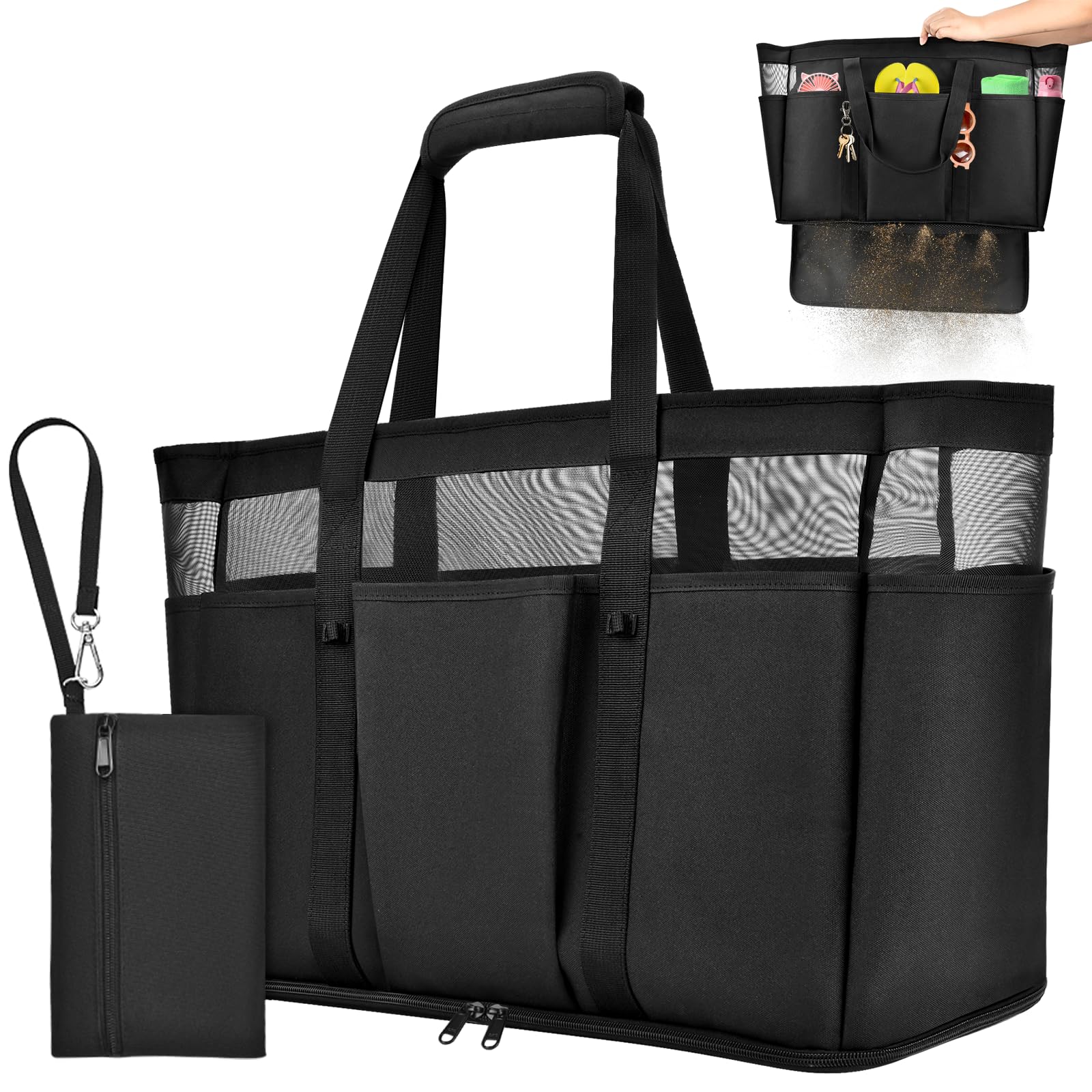 VOBUKEBolsa de Playa Mujer Bolso Playa Grande XXL Familiar con Cremallera, Resistente a La Arena Plegable Transpirable Bolso Verano Malla Almacenamiento para Playa Verano Vacaciones Camping 45L