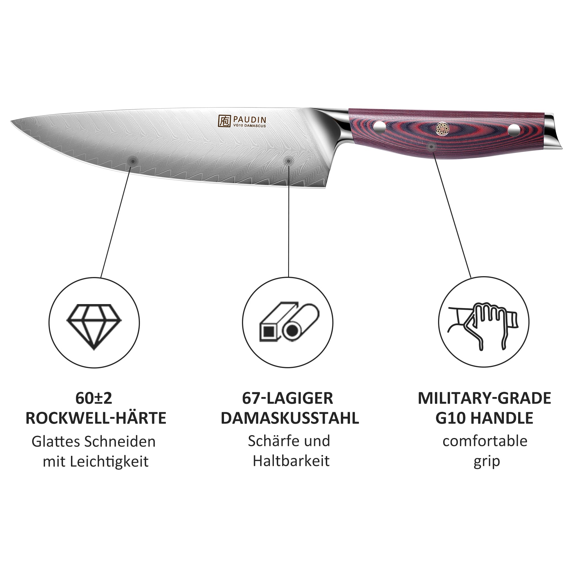 PAUDIN Set di coltelli da cucina damasco 8 pezzi con manico in legno coltello da cuoco coltello santoku coltello da pane coltello multiuso coltello da cucina acciaino con ceppo portacoltelli