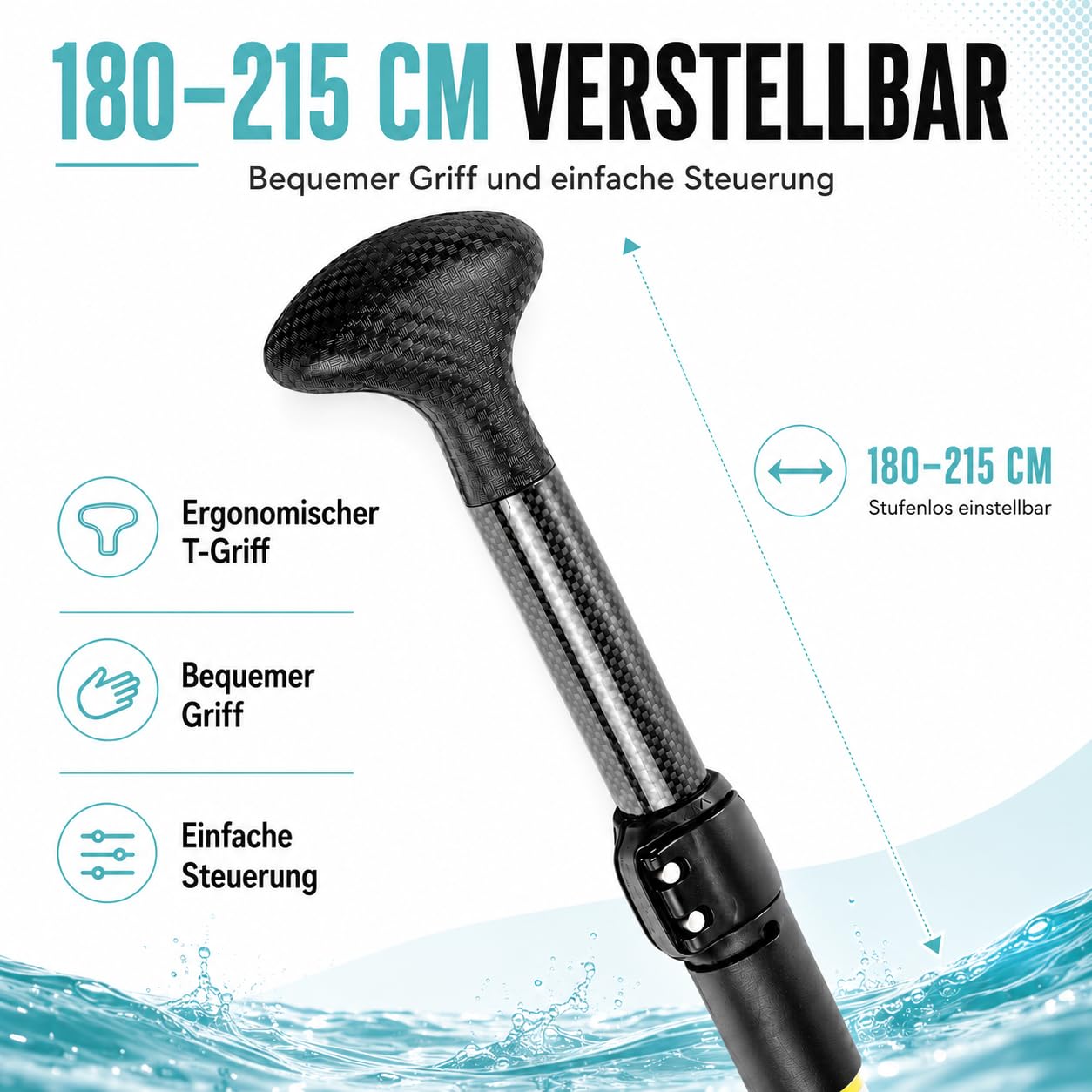 Glory Boards® SUP Paddel 30% Carbon für Stand Up Paddle, 3-teilig, ca. 800g | Carbon Paddel mit robustem Nylonblatt, variable Länge von 180-215 cm, angenehmer Griff, ideal für Stand-Up Paddling Touren