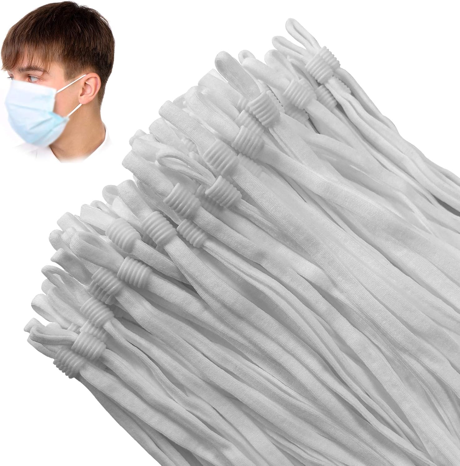 TOOVREN Upgraded 50PCS Sewing Elastic String for Masks with Adjustable Buckle, Stretchy Elastic Cord for Masks Elastic Strap Adjustable Ear Loops for Masks Sewing White