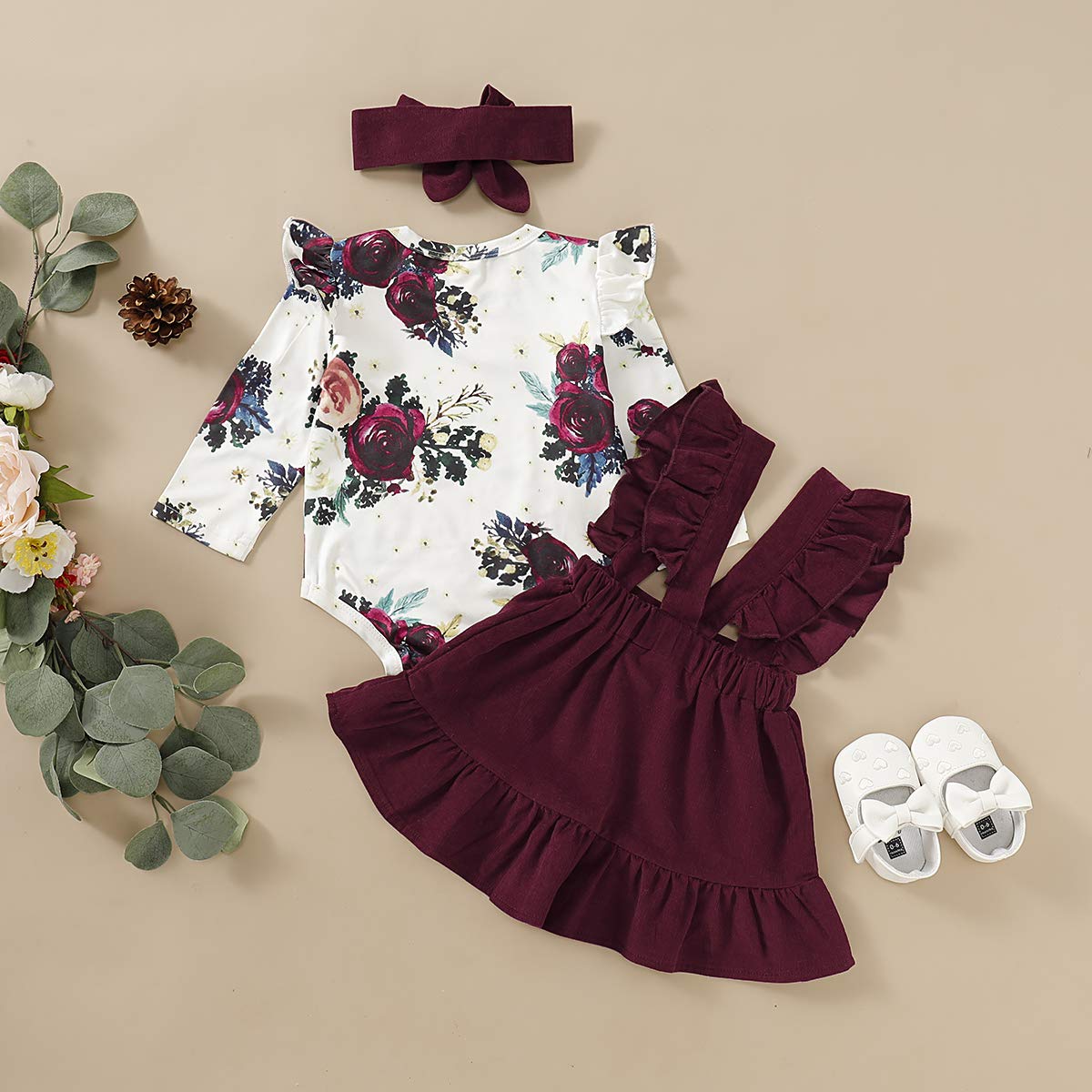 Ropa de bebé recién nacido de manga corta Trajes de volantes mameluco superior falda de tirantes para bebé 2 unids niña vestido general - rojo - 12 -18 meses