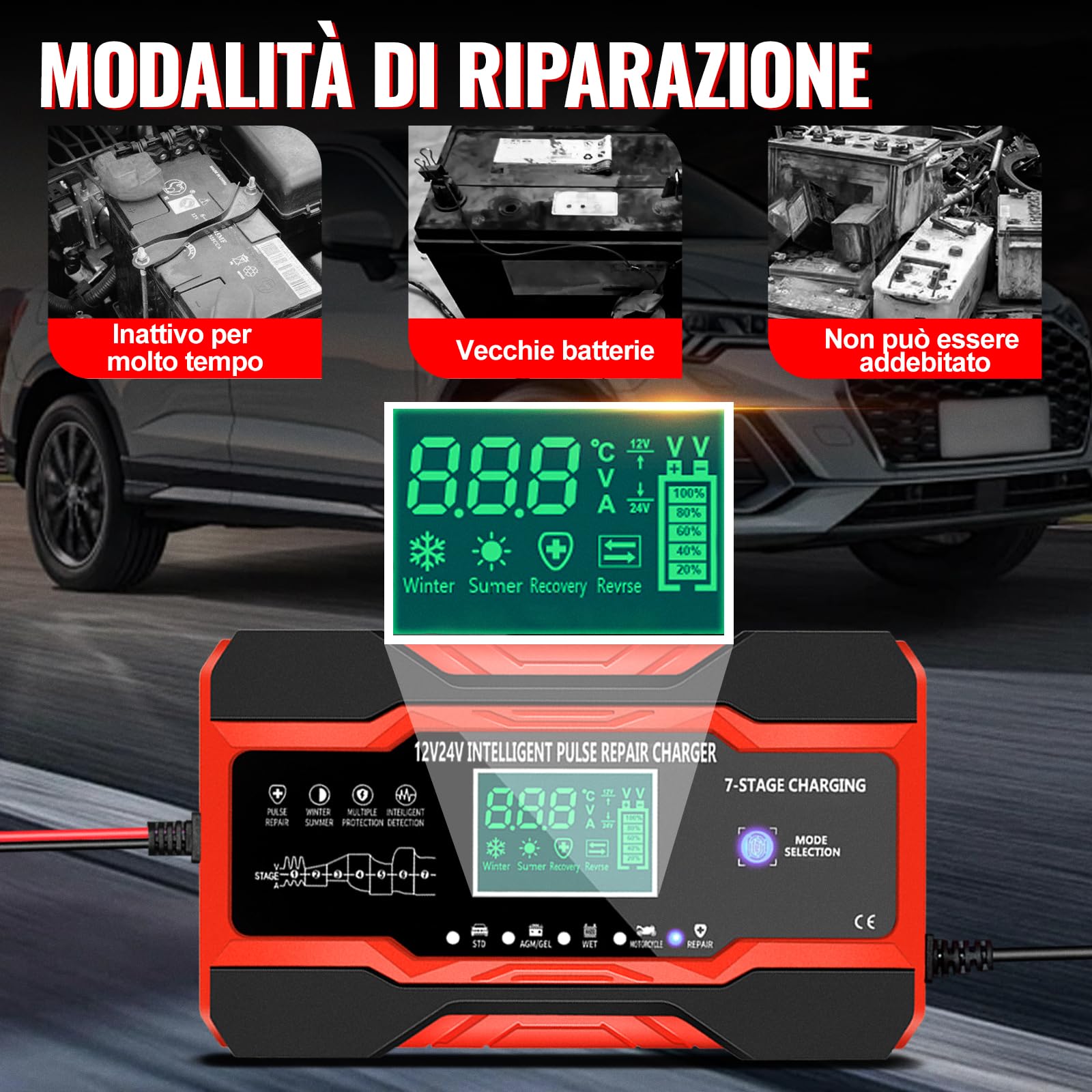 YDBAO 10A Caricabatteria Auto di Carica 12V/24V Caricabatterie Auto 5 modalità Caricabatteria Auto di Carica Mantenitore di Carica Auto Moto con Schermo LCD Touch Multi Protezioni per Auto Moto AGM