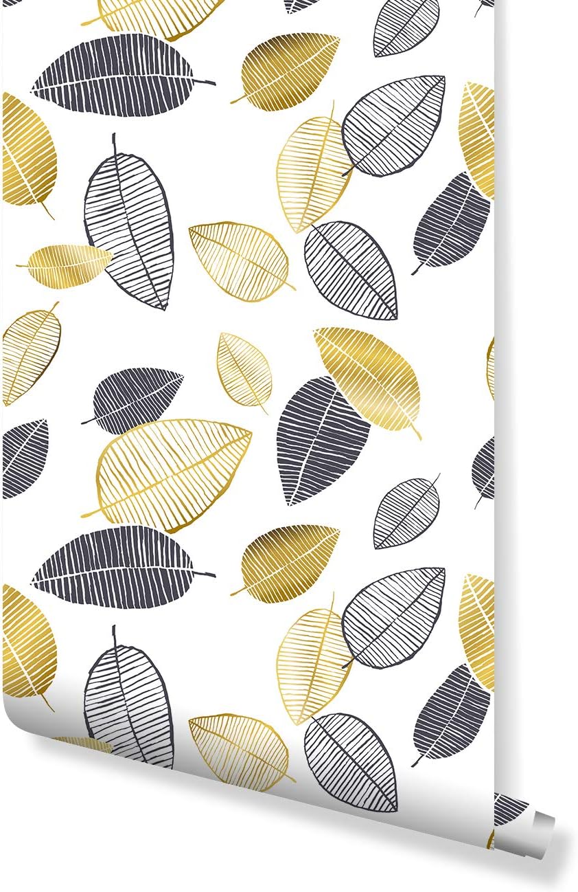 Self Adhesive Temporary Removable Wallpaper with Scandinavian Style Hand Drawn Gold and Dark Leaves, Minimalistic Floral Art, Great for Home Improvement Wall Decor CC164 (6" x 10" Sample)