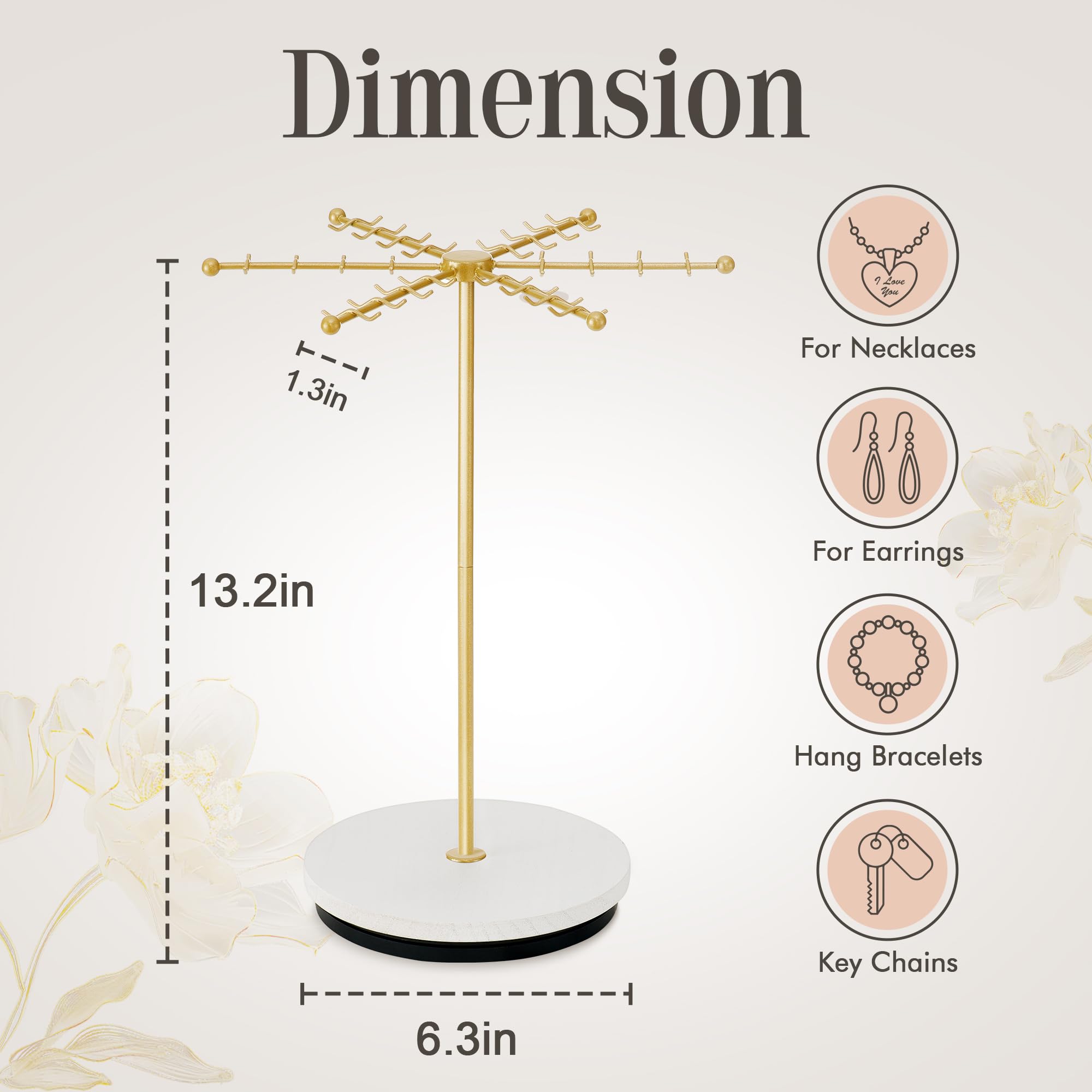 Poyilooo Necklace Holder Jewelry Stand, Rotating Necklace Holder Organizer with 48 Hooks for Necklace Earring Keychains Bracelet Display Stand, Metal Necklace Tree Stand -Women Gifts (Gold)