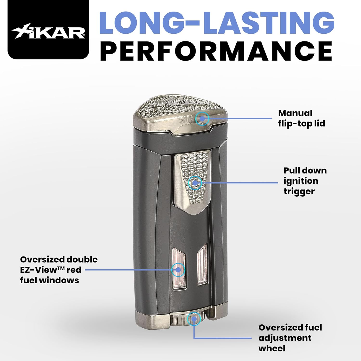 Xikar HP3 Triple Jet Flame Butane Torch Lighter, Silver | Wind Resistant, Refillable Fuel Tank with EZ-View Window, Adjustable Flame, Easy Push Ignition, Flip-Top Lid, High Altitude Tested